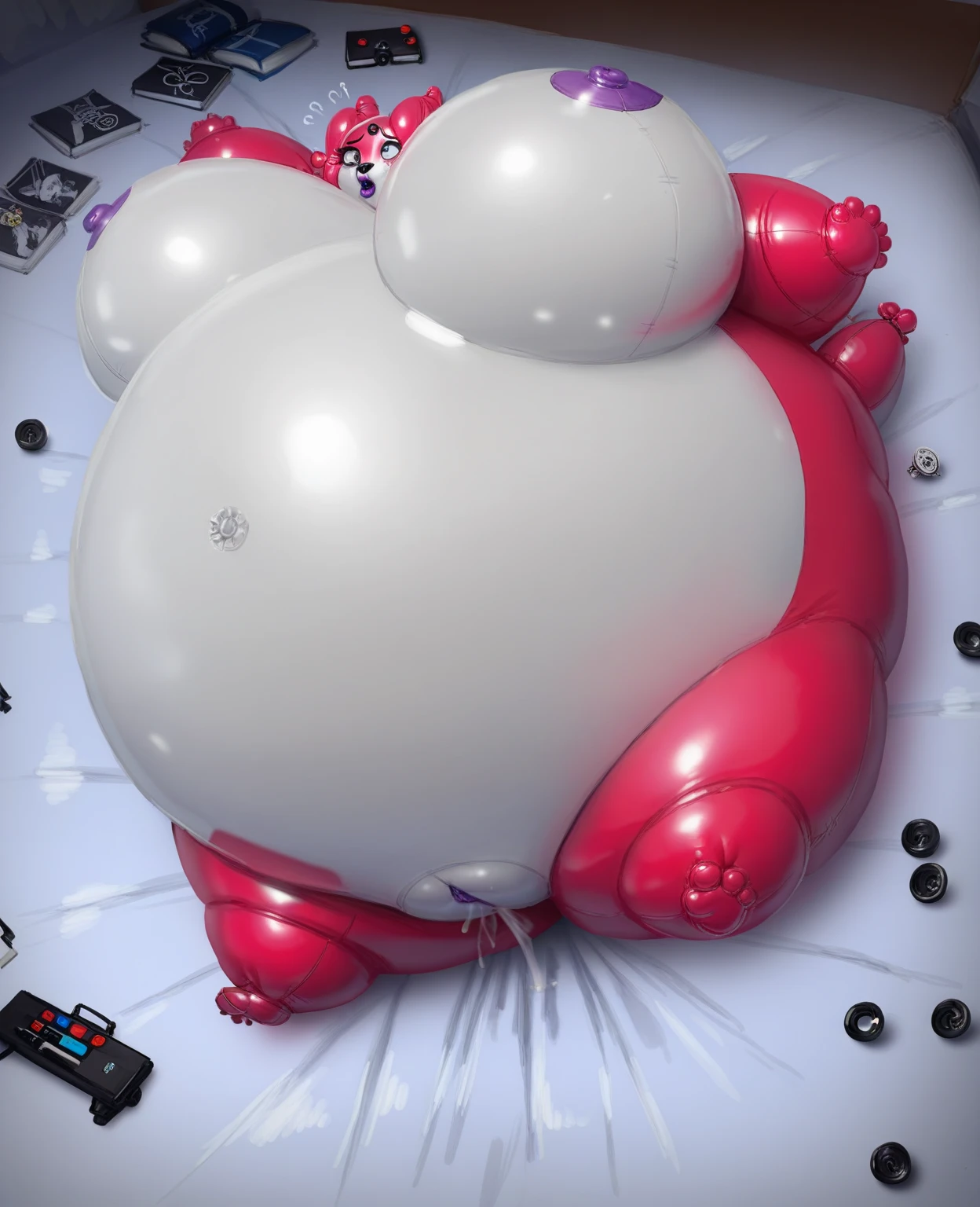 A woman pool toy who has been voluptuously inflated to a morbidly obese size