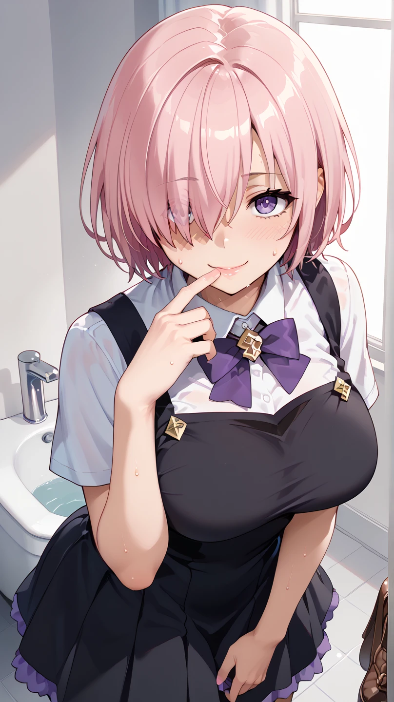 NSFW,masterpiece,Highest quality,High resolution,Very detailed,Mash Kyrielight\(Fate/grandorder\),short hair、Purple Eyes、Pink Hair、Hair covering one eye,Glasses、Food、shirt、襟付きshirt、White collar、黒いshirt、tie、赤いtie、No sleeve、Off the shoulder