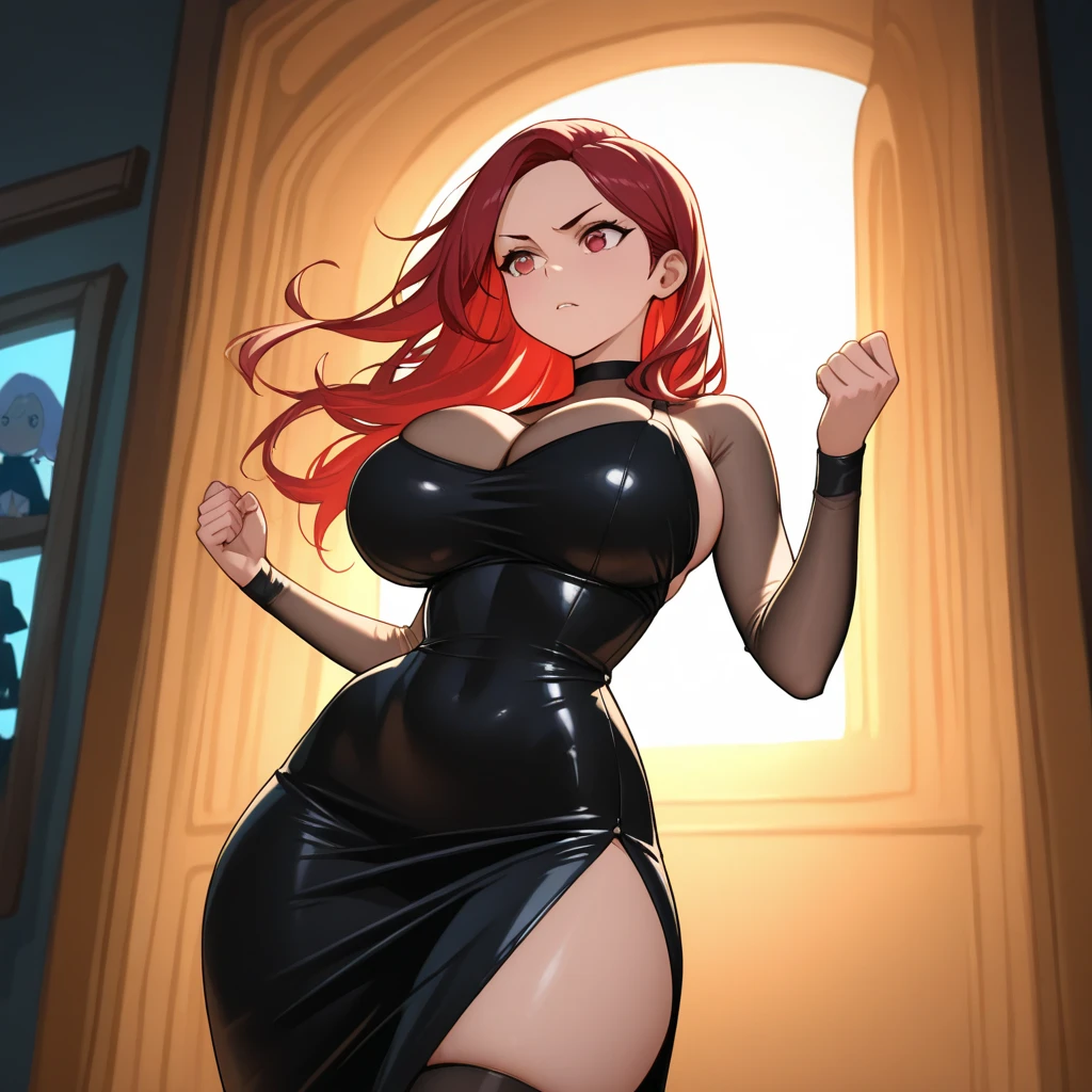 20 year old woman, busty, bubble butt, hourglass figure, skinny, blushing, embarassed, shocked expression, ?????, seductive, long hair, red hair, ponytail hair, wearing white virgin destroyer sweater, tight fitting clothing, anime, bedroom, night, punk style, punk hair, ((open mouth)), ((drooling)), ((wet)), bare shoulders, elbow gloves, minimalist background