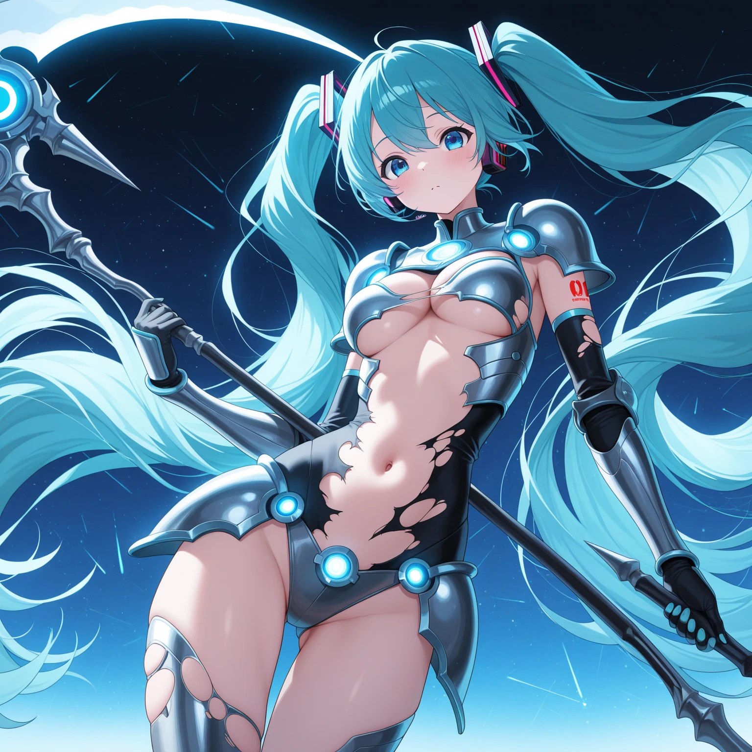 Hatsune Miku disfrazada de dark magician gils. Pose sensual y seductora. Fondo de magia