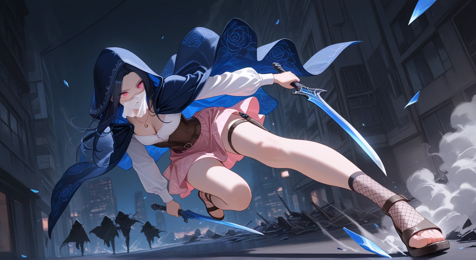 Ninja girl, black hair, ponytail, holding a short sword, running forward, ninja outfit, ninja costume, sleeveless, anime, drop shadow, high quality, highres, best quality, masterpiece