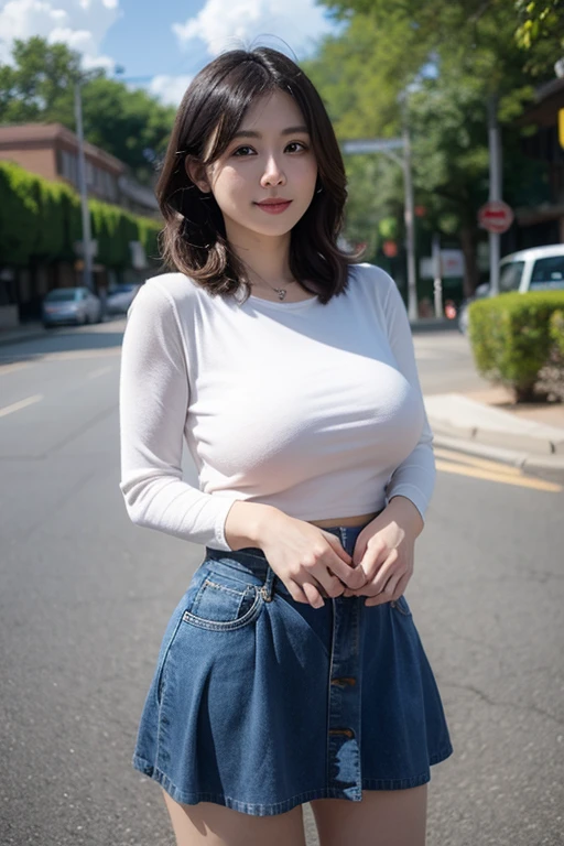 (Canon RF85mmf/1.2,masterpiece,Highest quality,Ultra-high resolution)((Beautiful chubby BBW woman 22 years old solo)) ((Highest quality、8K、masterpiece))((Photogenic quality:1.5))Plump body、((Plump round face))((Happy smiling face showing teeth))Super detailed face、(Beautiful face with droopy eyes)(Full-body shot of a girl in a short, fluttering miniskirt and a short T-shirt:1.5))((Accurate human body depiction:1.5))、Plump thighs、Amazingly extra-large breasts with cleavage fully exposed、Short Bob Hair、An empty city street、Bright front-lighting、