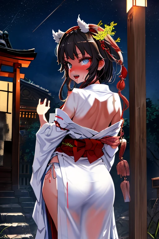 anime artwork, score_9, score_8_up, score_7_up, score_6_up, score_5_up, score_4_up,sparkle \(honkai: star rail\),1girl, twintails, black hair, big breasts, red eyes, red eyeshadow, fox mask, , , , , she is 24 years old, , ,horny, style_3, floox style, . She has fluorescent pink eyes with tiny black dots under each of her eyes.. naked, onsen, naughty smile, in water, standing, leaning forward, , nude,naked, nipples, ass, heavenly ass