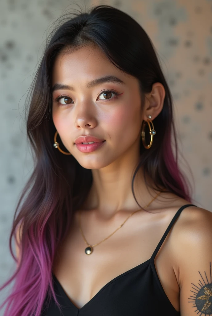 Create an close up image of the face of a young hawaiian woman in her mid-20s, with a skater girl vibe. She has a sexy, confident look, with hair featuring red rastas. As an influencer, she has an effortlessly cool style, exuding casual yet captivating appeal. The setting should reflect her vibrant and adventurous lifestyle