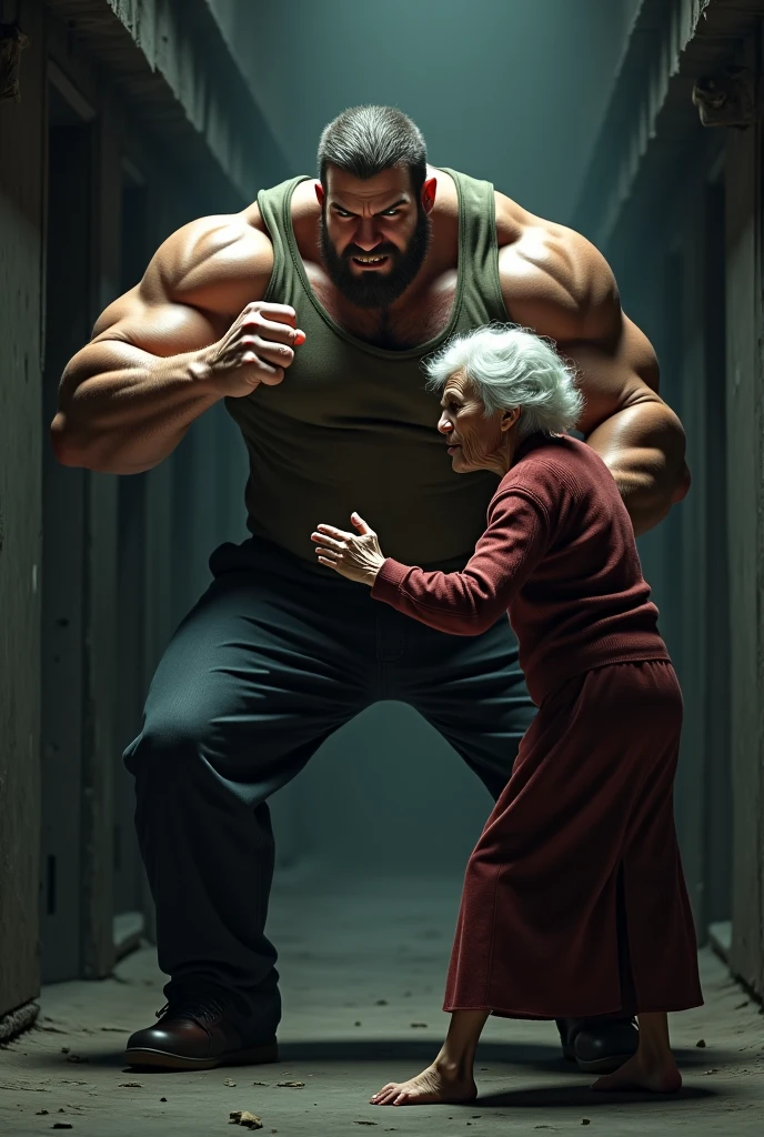 Muscular man with short legs saving an elderly woman from a fire