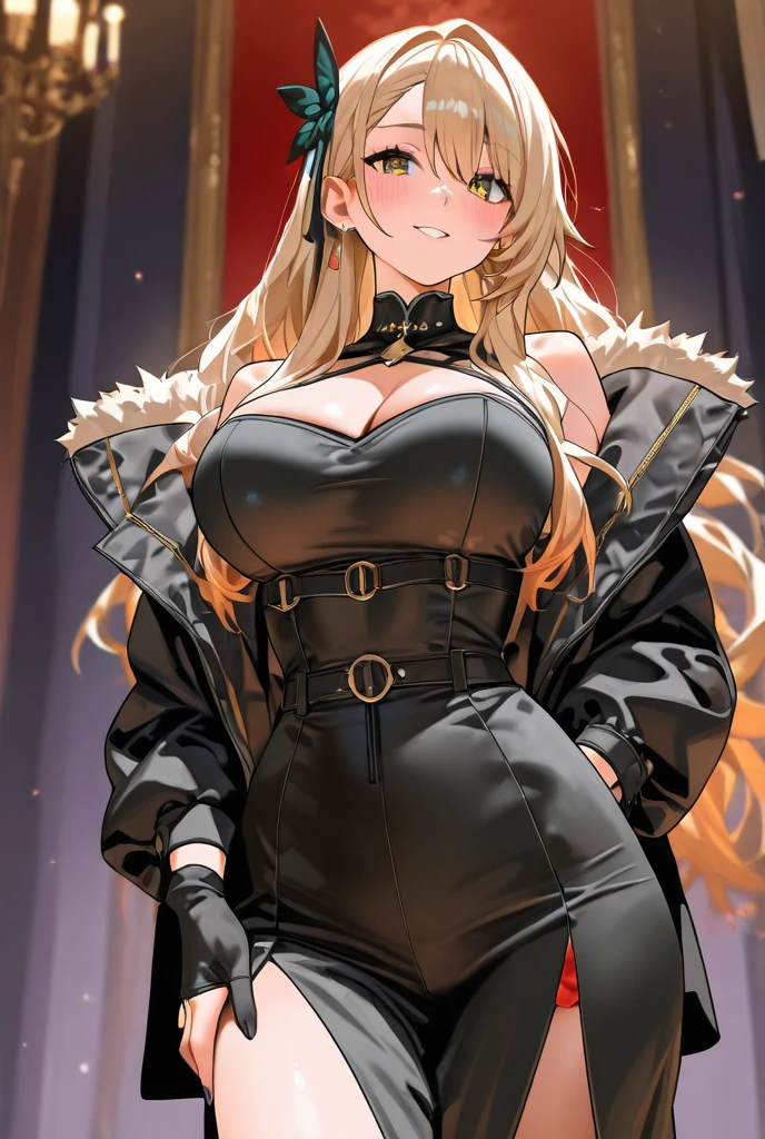 ((masterpiece)), ((best quality)), 1girl, adult, long hair, ((blonde hair)), very long blonde hair, ((intimidant look)), ((close-up)), profile image, green eyes, black and red clothes, sexy, dark colors, brillant eyes, ((coat with fur)), ((wavy hair)), exposed skin, ((sexy pose)), ((intimidant look)), good anatomy, ((dark sage clothes)), ((straight cut bangs)), emotionless, intimidant, ((beautiful eyes)), close up, ((detailed eyes)), beautiful eyes, ((detailed face)), hair bang, frontal look, evil, abs, relaxed, smile, magical goddess othinus, detailed face, eyepatch, full body, ((detailed))