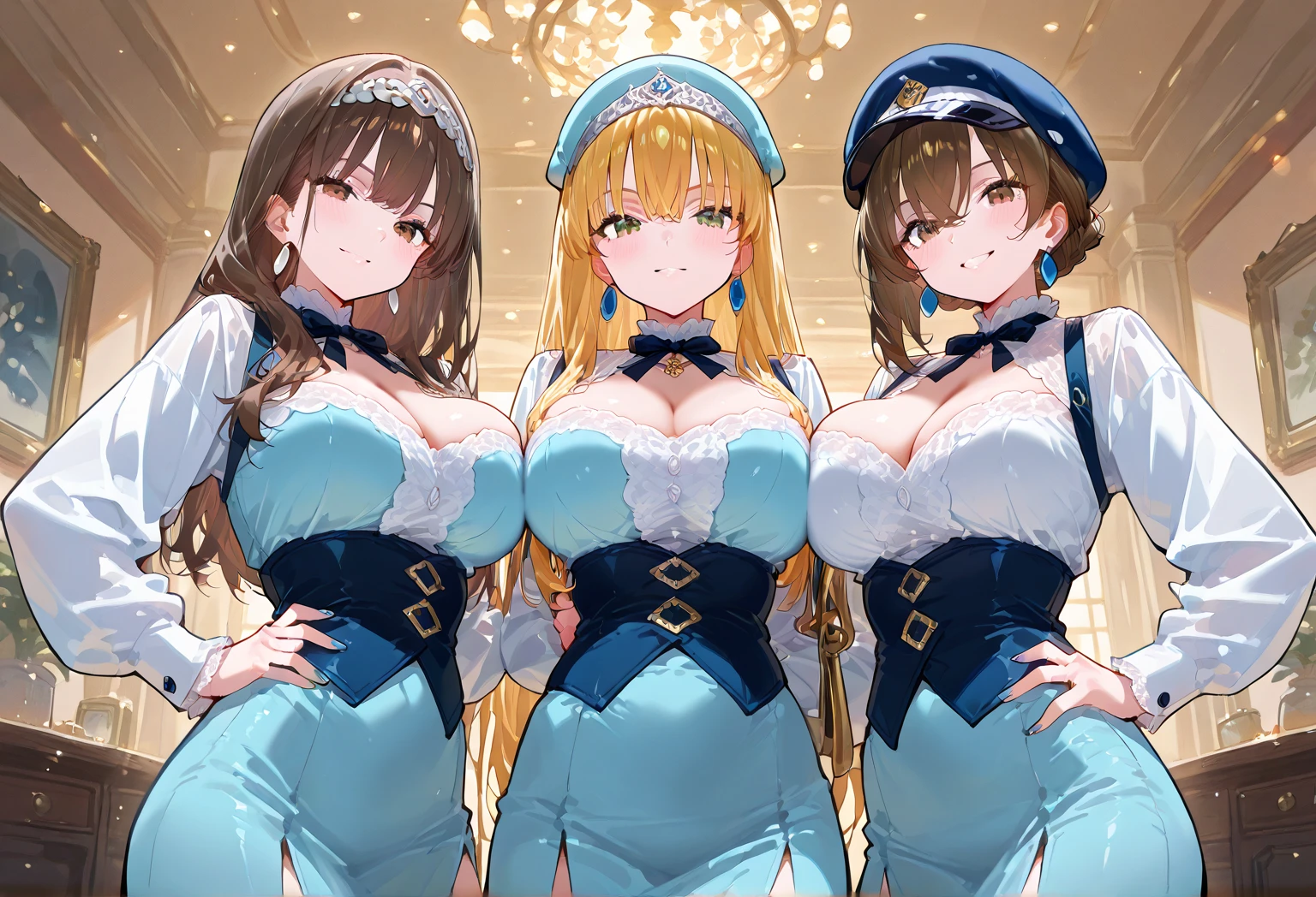 Bust Chart、Inner thighs、(Three Girls、3girls),blonde、Black Hair、Brown Hair、Bunny girl、White rabbit ears、Wrist cuff、Huge breasts:1.5、Saggy breasts:1.5、Long chest:1.3、Saggy breasts:1.5、Everyone please line up facing forward、(Mature Woman、Mature Woman:1.3)、casino、casinoルーム、casinoテーブル、White bunny suit、Black bunny suit、Light blue bunny suit