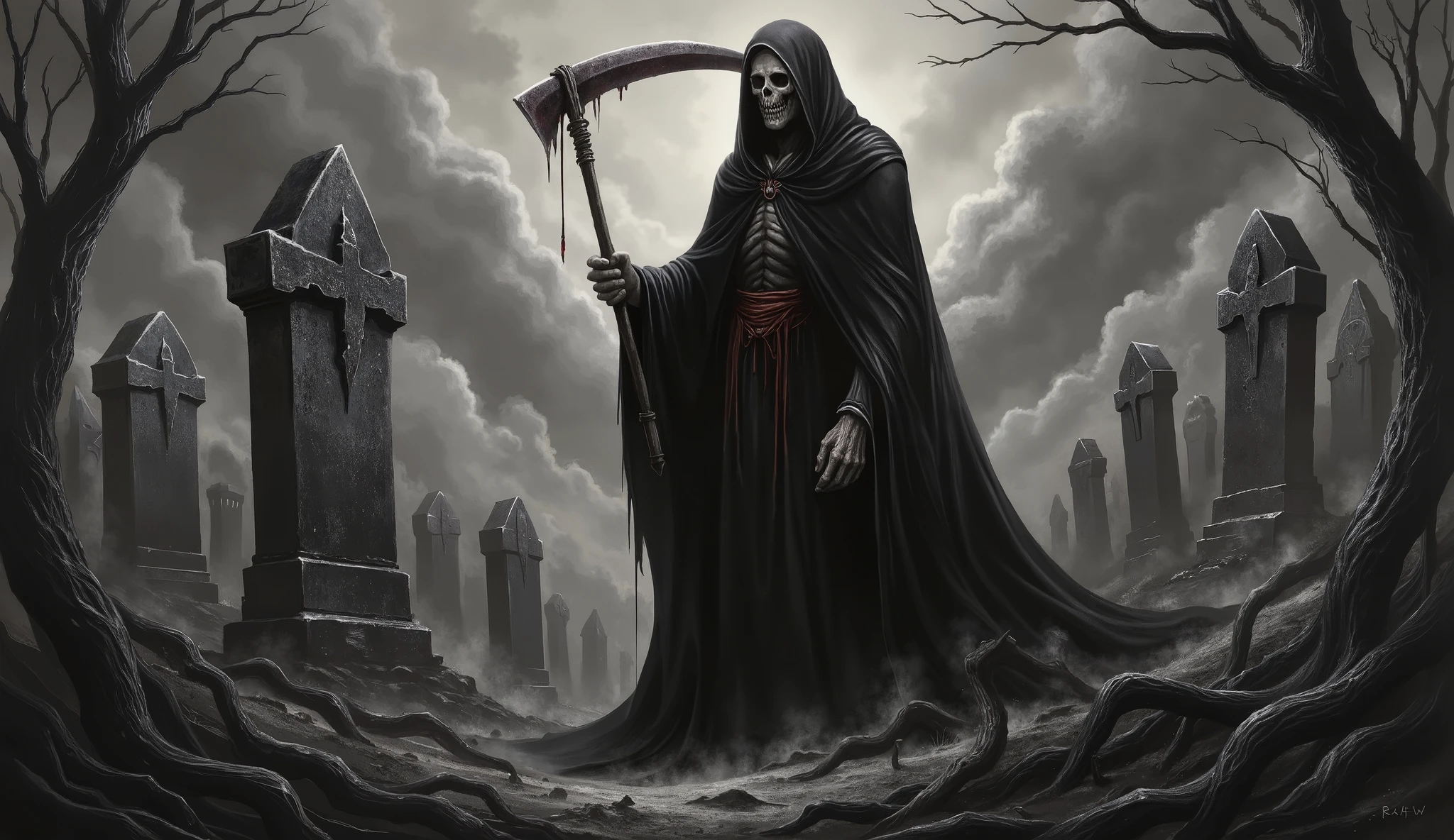 Grim Reaper, cemetery background, high detail, masterpiece. background, high detail, masterpiece.