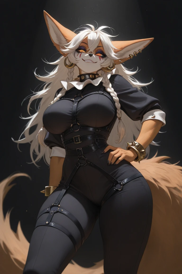 (a black female wolf furry), black fur, short muzzle, cat-like face, white pattern on forehead, white patterns from muzzle to forehead, white patterns on belly, white patterns on hand and legs, long white hair, straight bangs, brown eyes, kemomo, bbw, plump, huge breasts, big tummy, cute background, fang, small mouth opened, shirt, black skirts