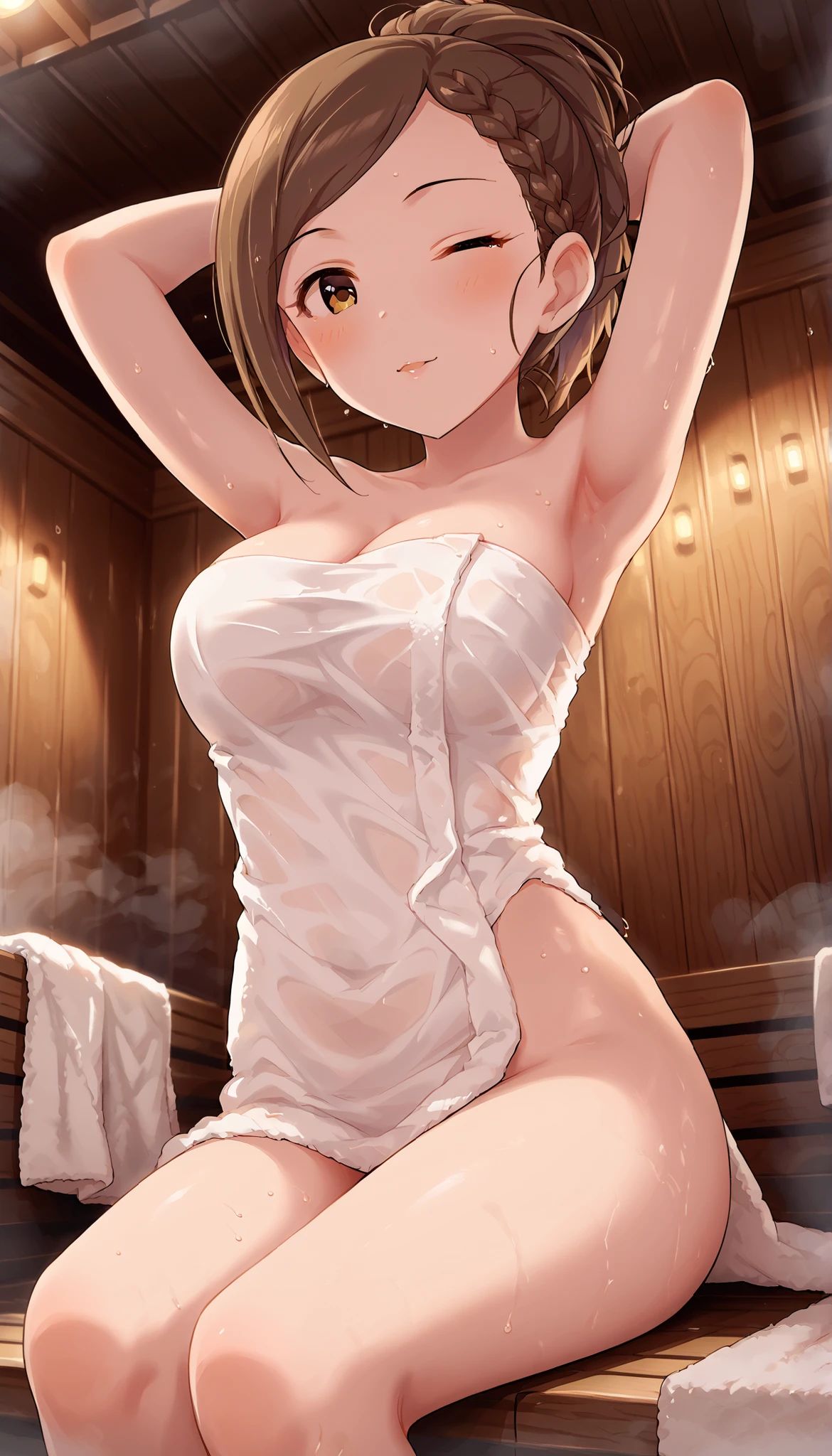 ((NSFW,NUDE,Boyish Woman,dress,ponytail)),beautiful, masterpiece, Highest quality, Hello,One Girl, Look at the viewers, bath, Wet skin,Leg spread,Embarrassed face,Sweat,Messy hairstyle,