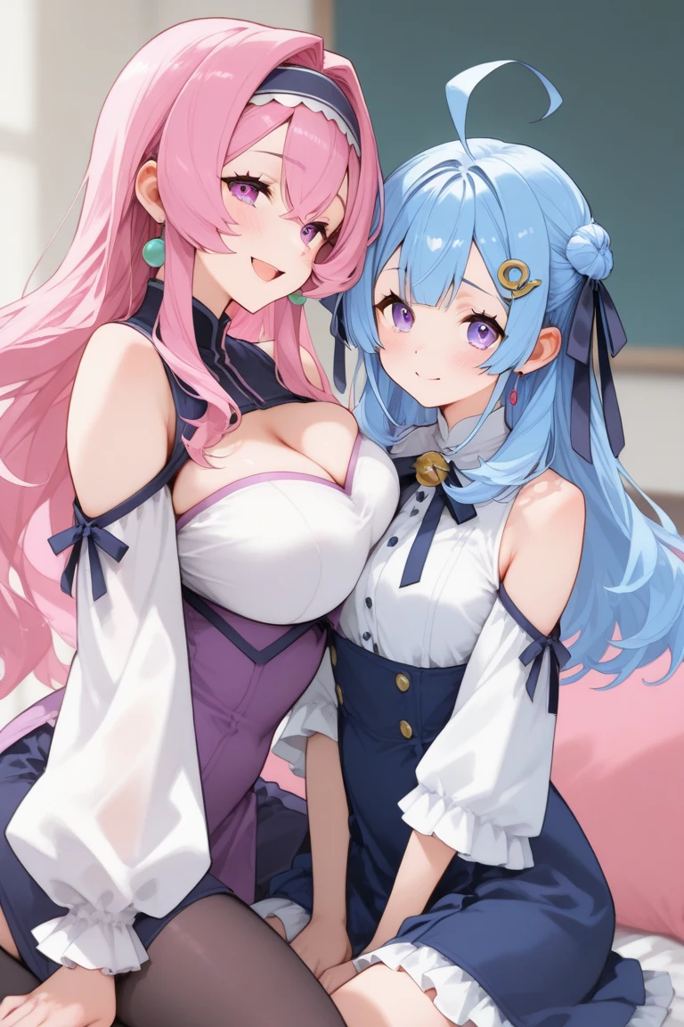 2 22-year-old girls, Blue Hair, Long double ponytail, Pink shirt, Fluffy collar, White fluffy skirt, White ribbon on hair, Lots of hair accessories, Lolita,(Pregnant,Huge breasts:1.8),Room