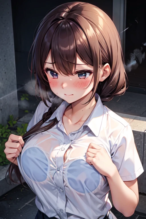 Realistic, plein air, One wall, Wide Angle,1girl in, Long hair, Shy, embarrassed, blushed, Wide Angle, POV, From above, (small breasts and beautiful nipples), llight rays, Glow, (masutepiece), Lift Shirt、20yr old、face to the viewer、Bring your chest together