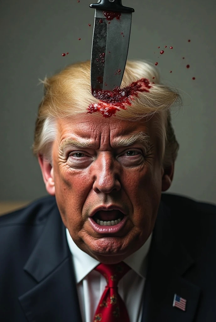 Donald Trump cutting his left hand with a big axe, lots of blood