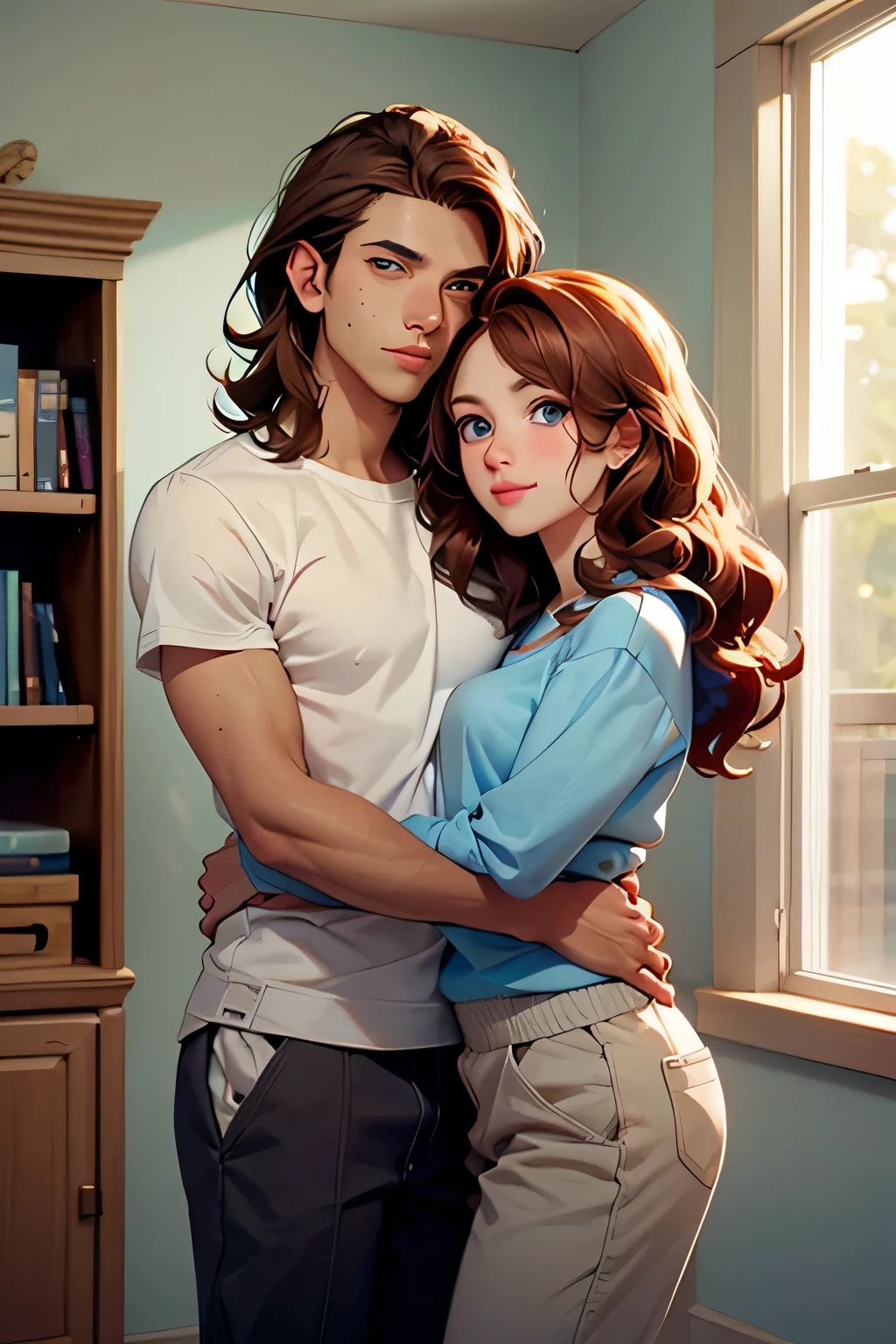 Guy with brown fluffy hair with round glasses and green eyes hugging a taller girl with long brown hair and hazel eyes