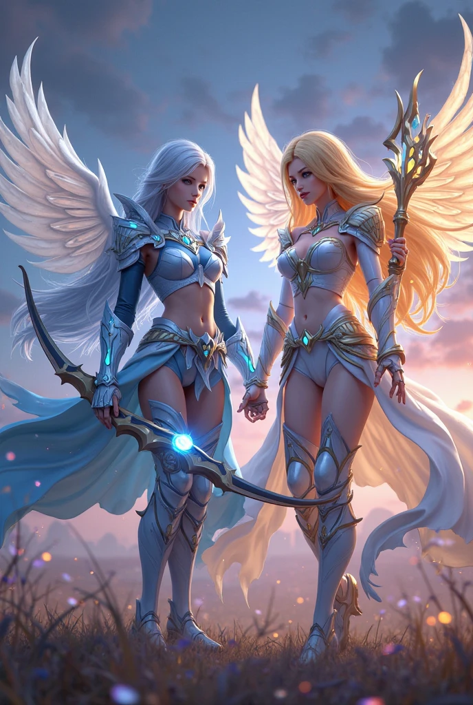 Two women in the photo. An angel woman (white hair, blue eyes, halo, blue aura all over her body, angelic wings, blue clothes) next to a demon woman (Red hair, red eyes, cyphers, intimidating look, red aura, red clothing). Sensual pose. Renaissance art.