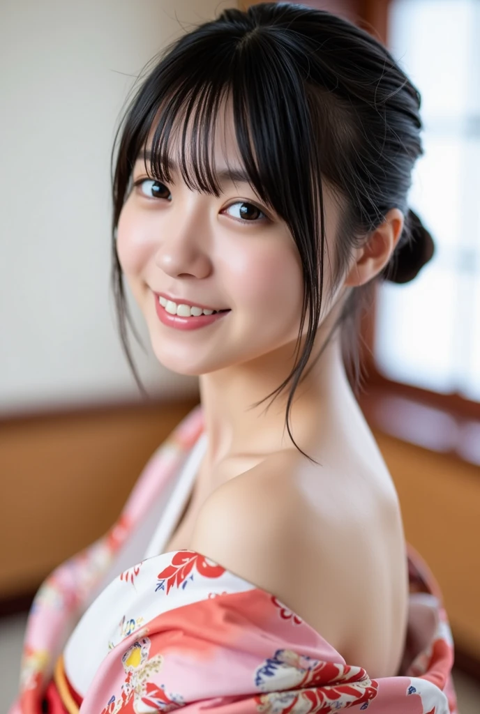 Drinking alcohol,Black Hair,yukata,Blushing, Open your mouth, teeth, chest, Long Hair,