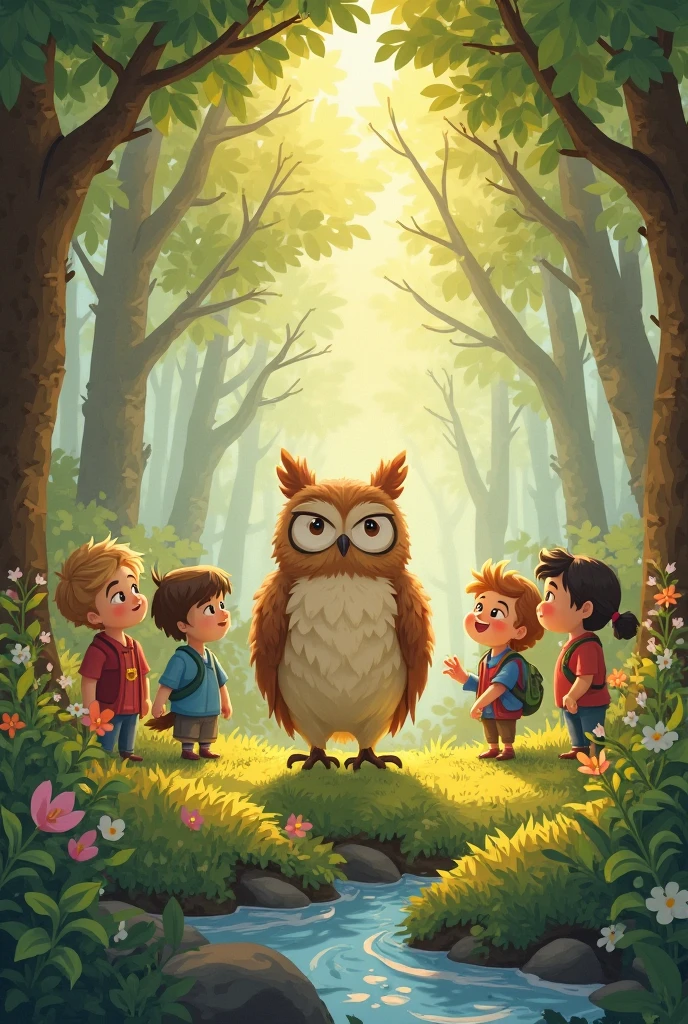 (photorealism:1.2), A group of children, with eager expressions, sitting at the base of the tree. One child raises their hand, asking the owl a question, while the owl looks down at them, smiling.