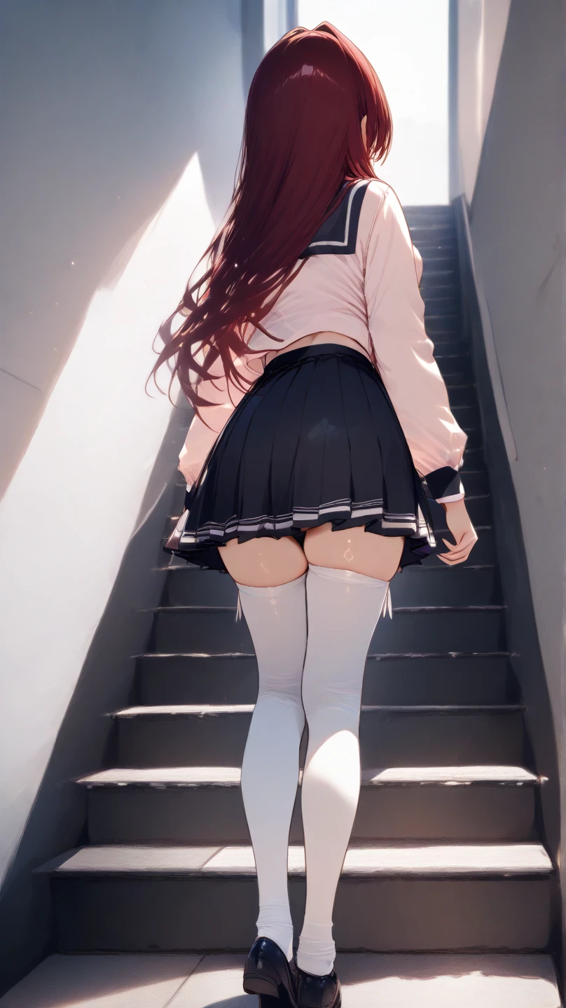 Ai Hoshino, Ai Hoshino, hair between eye, Hair Ornament, Hair Ribbon, Long hair, One side up, (Purple eyes:1.1), Purple hair, rabbit hair ornament, (star-shaped pupils:1.5), symbol-shaped pupils,Brake belt, Black belt, brooches, Dress, Pink dress, frilly dress, Ruffled gloves, frilld, gloves, heart brooch, Idol, Idol clothes, Jewelry, Pink gloves, Red Ribbon, bow ribbon, turtleneck dress,BREAK looking at viewer,BREAK (masutepiece:1.2), Best Quality, High resolution, Unity 8k壁纸, (Illustration:0.8), (Beautiful detailed eyes:1.6), extra detailed face, Perfect Lighting, extremely details CG, (Perfect hands, Perfect Anatomy),Smile with open mouth、outside of house、plein air、Stand on the escalator, (By up escalator), (lower body shot), Thigh Focus, (Taken from the bottom 1.3), (View from behind1.3)、 (white panties:1.3)、(Skirt that rolls up:1.3)、(Fully exposed panties:1.5),