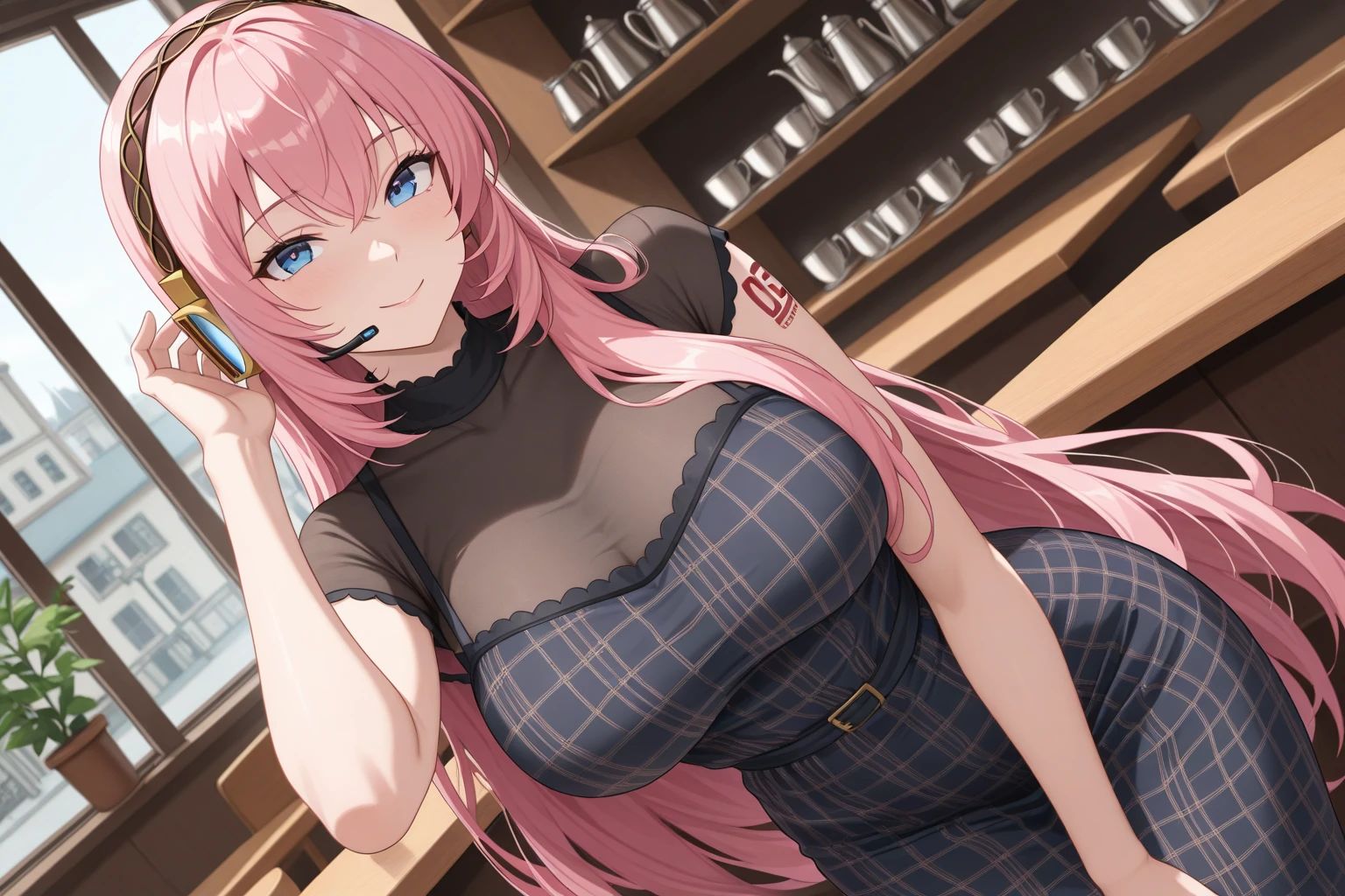 Perfect face. Perfect hands. A pink haired woman with violet eyes with an hourglass figure in a Gothic apron and crop top and shorts sitting on the counter in a Gothic kitchen with a big smile