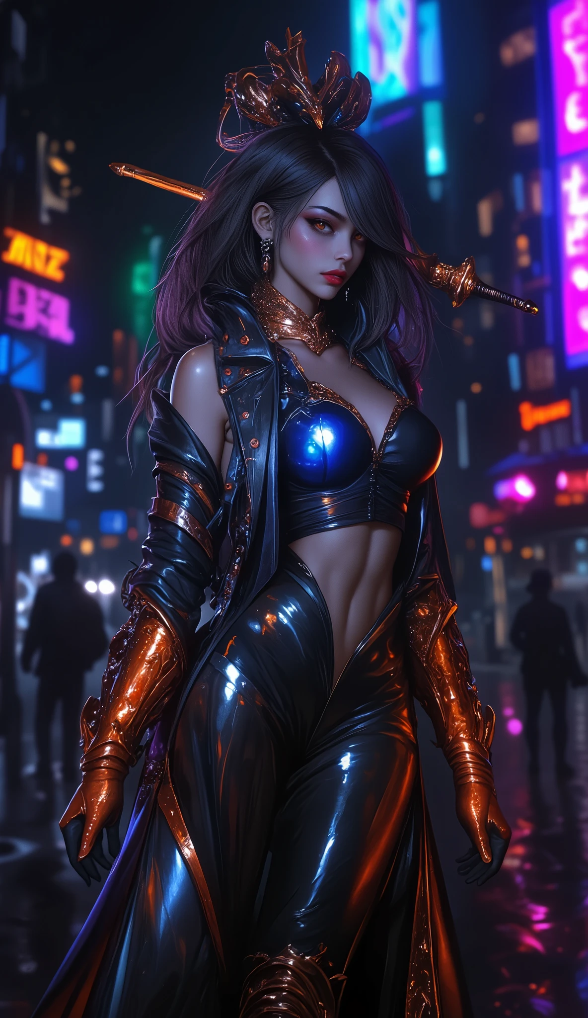 (best quality, masterpiece), A beautiful brown woman, tanned skin, black curly hair, black cat eyes, galatica war city background, futuristic, pose, particle, looking at the viewer, galaxy, backlit, rimlight, perfect composition, raudha athif, sensual