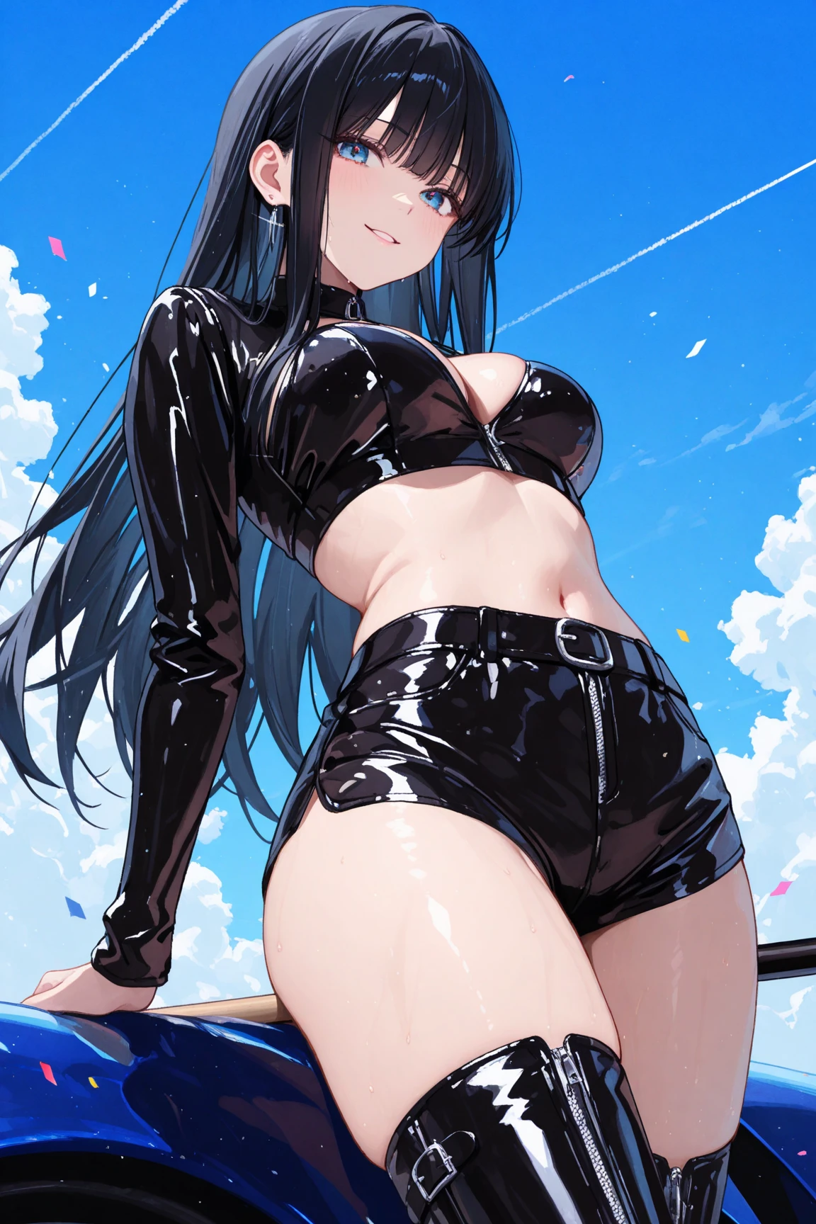 Woman with penis between her legs A woman wearing a uniform and a shiny black high-cut school swimsuit Spread your legs Vertical roll hair