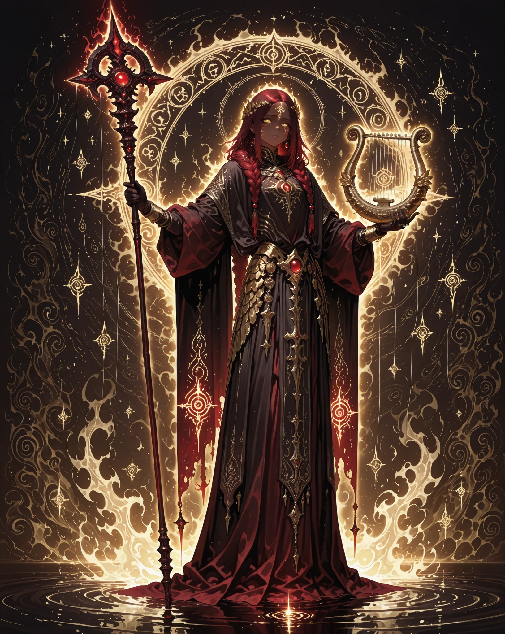 Masterpiece, natural lighting, night, perfect shadows, ray tracing, detailed image, perfect human anatomy, androgynous figure with strong biophysique, large, muscular, with a calm and solemn presence, dark skin marked by glowing golden spiral tattoos, half-open golden eyes with a trance-like expression, wearing ceremonial armor with thin plates that glow and vibrate subtly, long braided hair adorned with sound beads, robes made of dark red and gold cords flowing like instrument strings, carrying a sacred hybrid staff shaped like a drum or harp, glowing runes inscribed on fingers and gloves, ornate rings on each finger, aura of pulsating sound waves, dreamscape background with floating musical symbols and distorted physics, soft golden lighting with dark ambient shadows, full-body concept art, dark fantasy style, high level of detail, cinematic style, 4k, hyper-detailed, aura of calm power, ripples of visual sound energy in the air