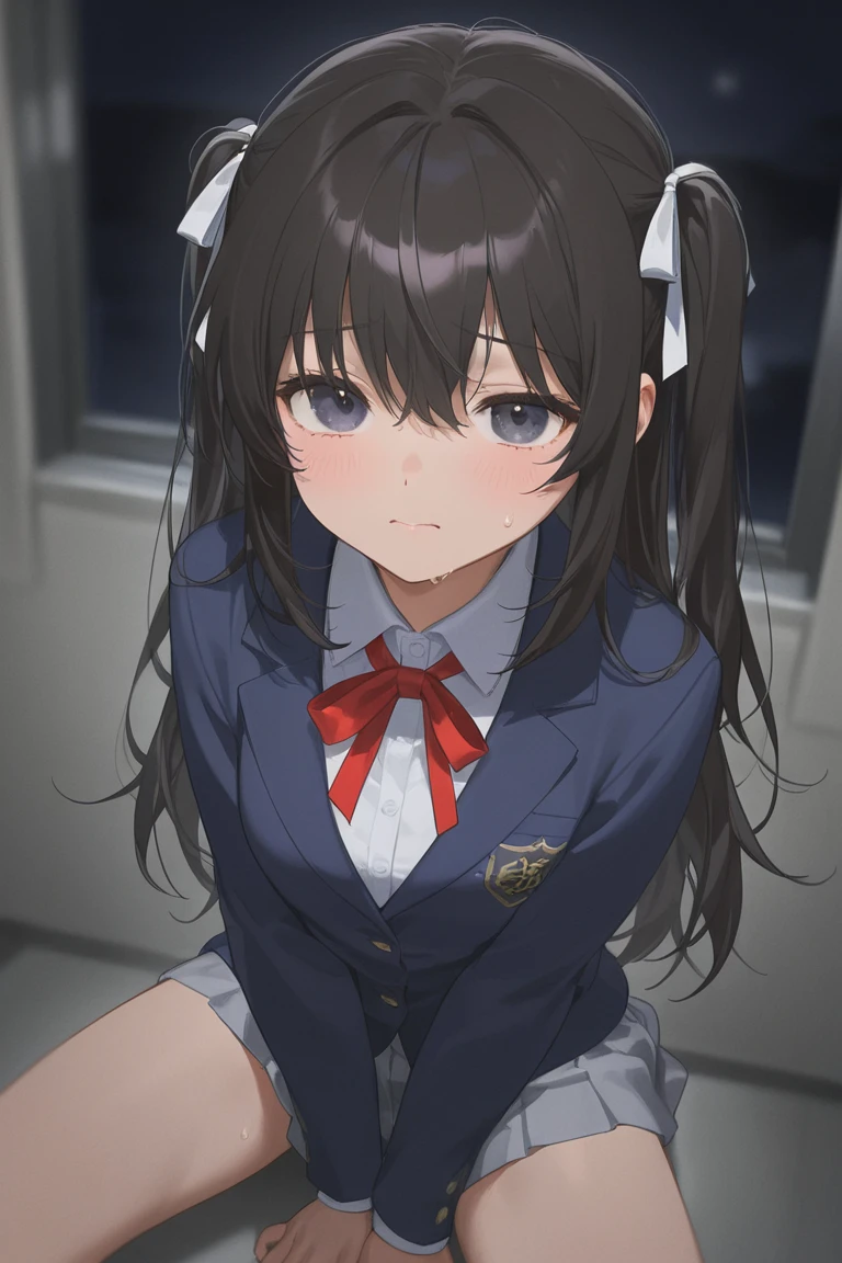 high quality, masterpiece, Ultra-high resolution, (realism: 1.4), Oil painting style, Cinema Lighting, An endless grassland dotted with a few houses, I stood on the empty asphalt road and looked at it., Fairy Mountain々was shrouded in mist, And the suspenders with the cranes flying Moderate breasts Small face holster Lying in bed Looking up Sweat belt summer 脇Sweat Black Hole Gloves suit shirt Black jacket Black trousers Leg Links ズボンにbelt holster Hands behind your back Anxious expression Looking up Anxious face