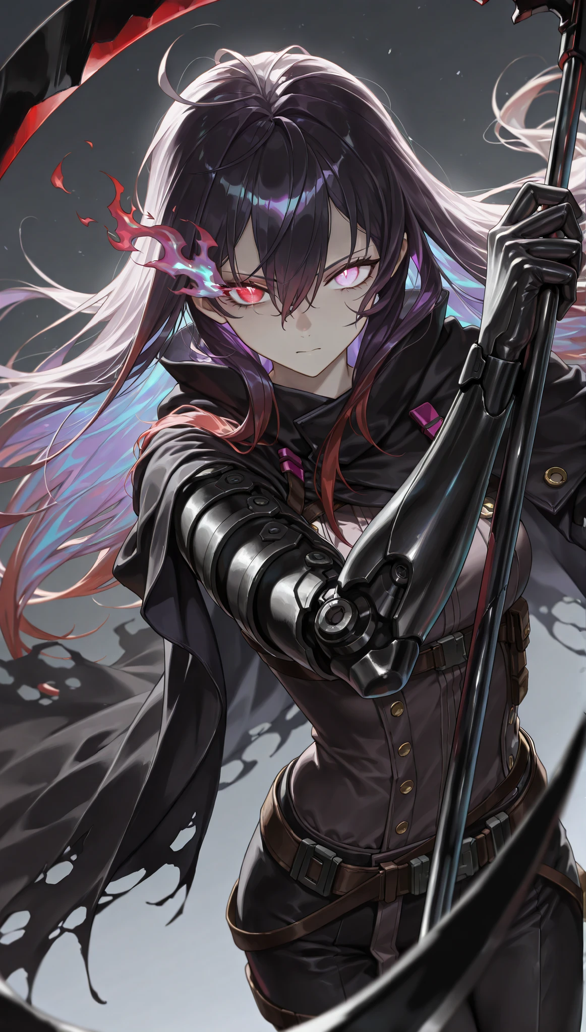 style of [arknights|(748cmstyle:0.5)], deep abyss, dark abyss, cosmic abyss, cinematic shot, mature, young adult, masterpiece, best quality, amazing quality, very aesthetic, high resolution, ultra-detailed, absurdres,
1girl, woman, solo, alone,(dynamic pose, side eye, looking at viewer, upper body focus, action shot, dutch angle, three quarter view, close up, cowboy shot:1.2), (wraith:1.44), purple accents, purple flames, SeeleVelionaNyx, red eyes, black and red hair, gradient hair, purple hair, glowing hair, veiled smirl, hair covering one eye, glowing purple hair, burning eye, abyss eyes, black flame cloak, half body, multicolored hair, colored inner hair, long hair, purple flame scythe, dark purple, dark scythe, demonic arsenal, hair between eyes, darkness, abyssal, arm made of purple flame, ghostly arm, ghostly body, novuschroma79 style, glitch art photo
BREAK, depth of field, volumetric lighting
 
