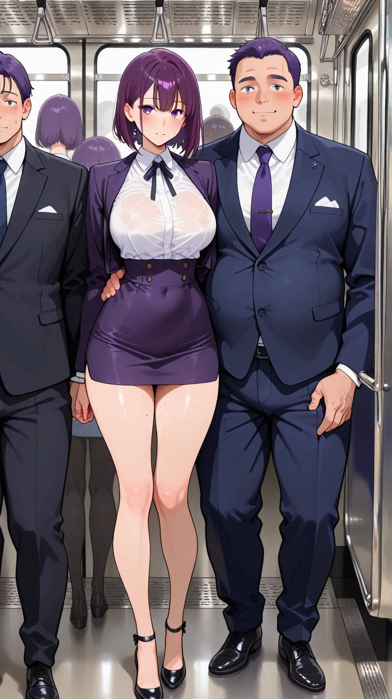 A man in a suit and a naked girl hold hands