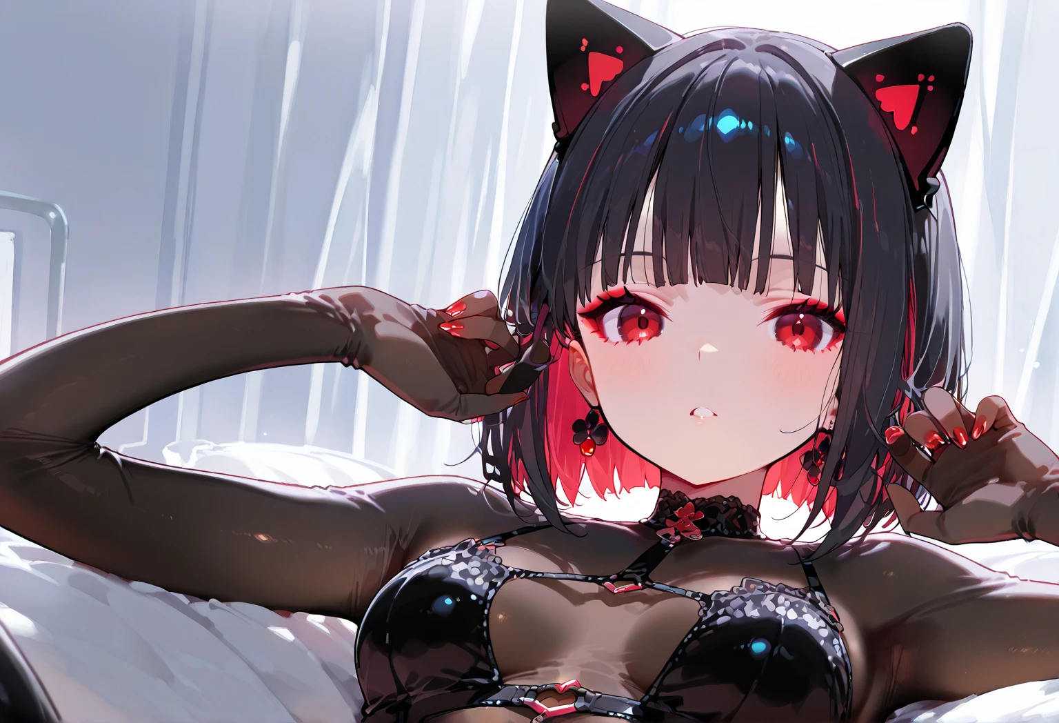 of the highest quality,detail,Red Eyes,1 girl,Beautiful face,yandere,Crazy,Black hair with purple inner color,tusk,bustier,broken glass filter,Full body,foreshortening,