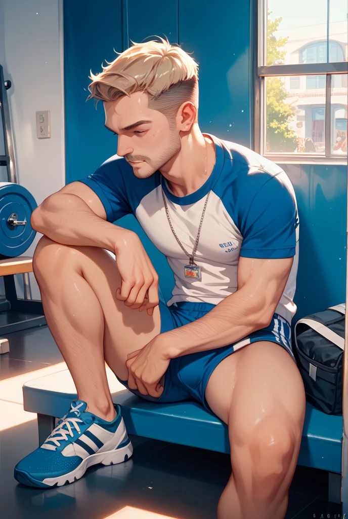 (1 male, short hair flat head), solo, delicate muscle lines, solo, blue football socks, chest bulge, naked, facing the lens, light particles, light and shadow, rainforest, liquid on the face, realistic hands, (blue briefs), full body portrait, perfect quality, masterpiece, foot sock focus, looking up, feet up, feet up, looking up, no pupils, drooling, messy_hair, open mouth, (expressionless), open mouth, blushing, drooling, sticking out tongue, lewd expression