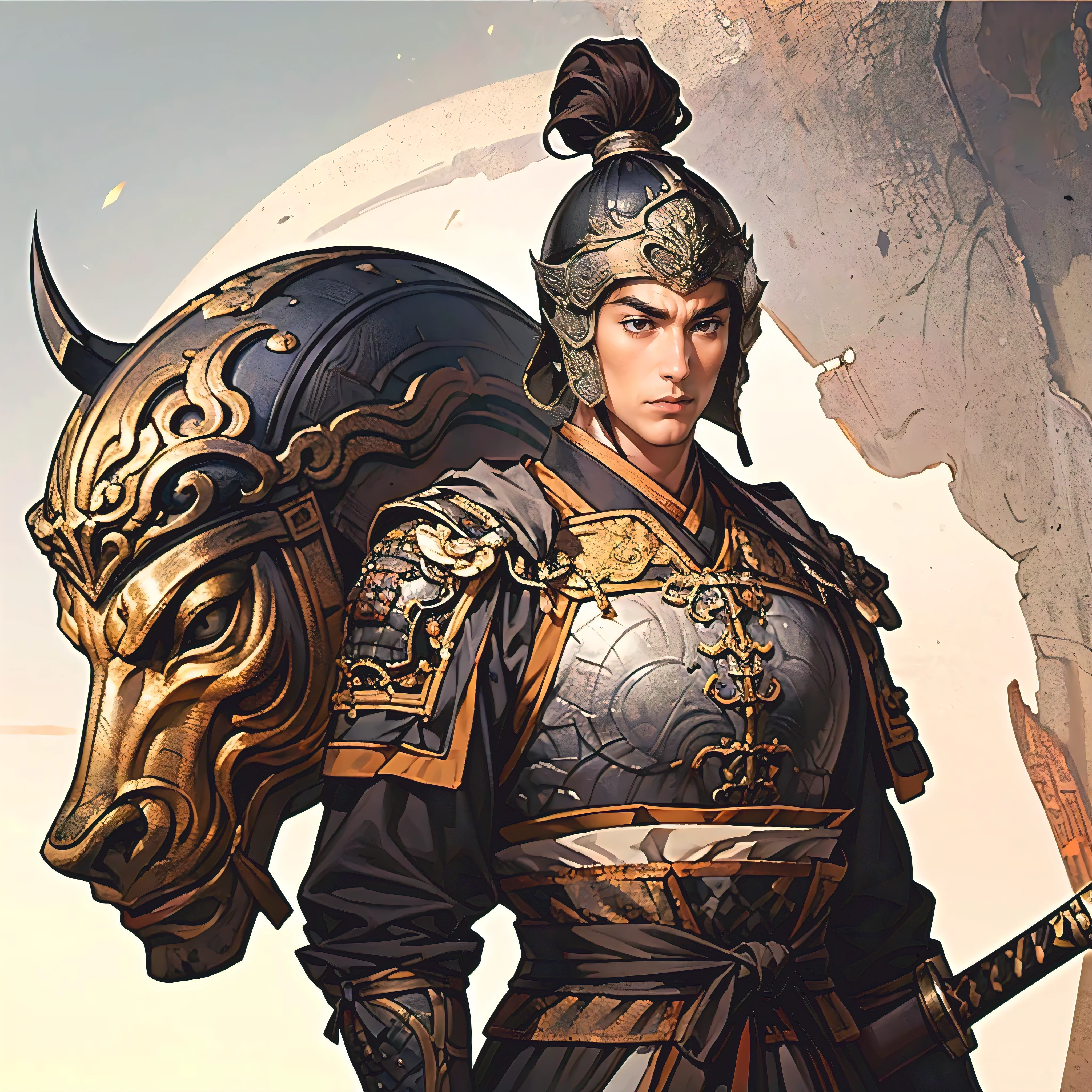 Highest Quality、masterpiece、4K、 oil painting portrait 、古代中国の鎧兜を纏ったfierce将、20 year old single man、 accurately drawn eye 、black eyes、dark haired、Square Outline、((険Seems表情、fierce々Seems:1.2、 stares at the opponent、Open Her Mouth Wide:1.2、Unshaved chin))、Glutinous meat:1.2、macho、((Ancient Chinese Black Armor、Deep Ancient Chinese Black Helmet:1.3、holding a long ancient Chinese straight sword depicted in detail:1.3))、(cowboy shot:1.2、depicts characters by securing sufficient space at the top of the screen and on the left and right:1.3、An accurate depiction of a man from the top of his head to below his waist、Distant view、wide-angle posed photo、candid photo:1.2、blurry white background:1.3、 composition from an oblique front:1.2)