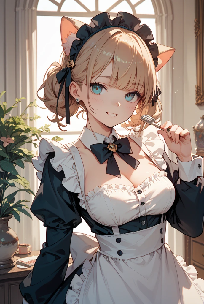 Highest quality, masterpiece, Ultra-high resolution, female、Big Breasts、美少female、Cat Beastman、Head Maid、Cute maid outfit、Black maid outfit、Maid Headband、Do not expose your chest、Fishnet stockings、gloves、Wagging tail