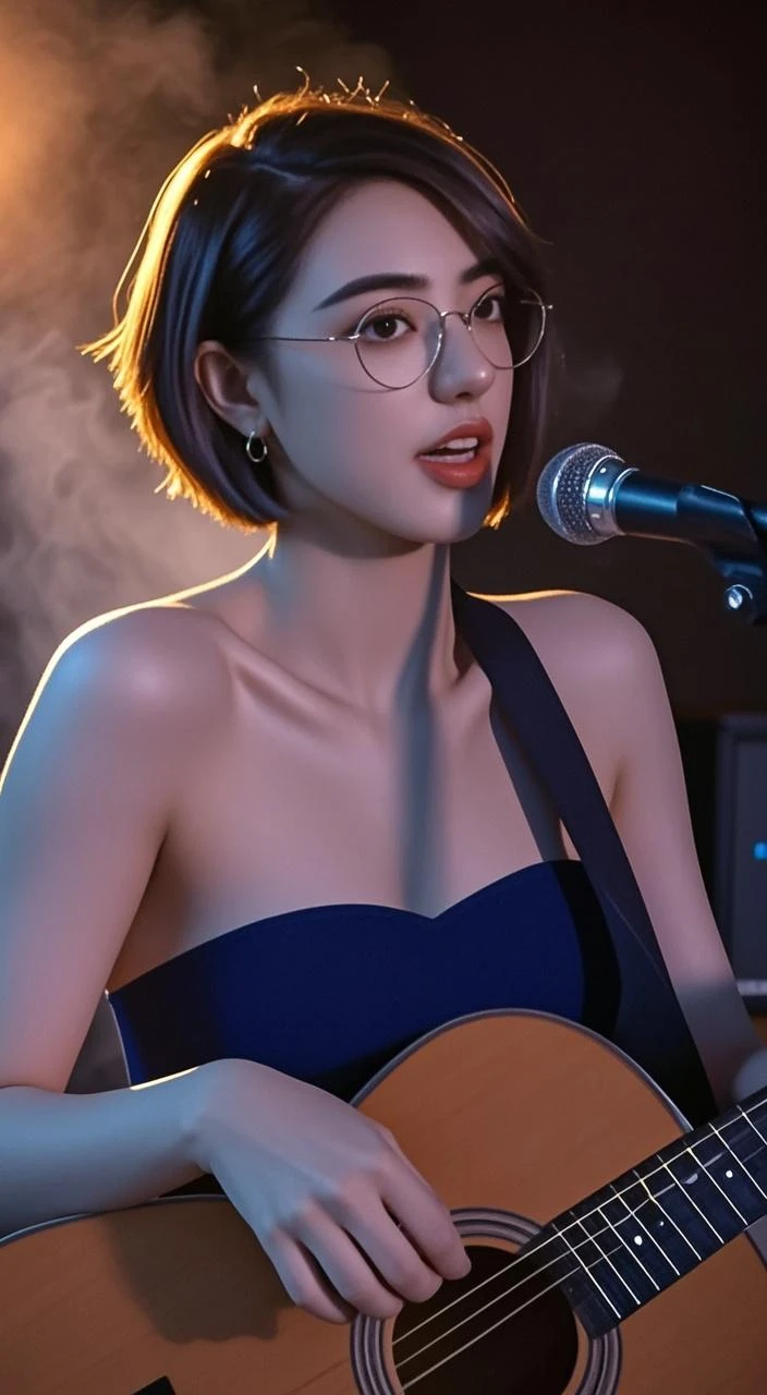 4 beautiful mature Japanese women aged 55, rock band, 4 piece band, Long eyelashes, Wearing glasses, Low Ponytail, Red lipstick, Pearl Necklace, Earrings, Dark eyeshadow, Cleavage, Flashy clothing, guitar, base, drums and vocals,