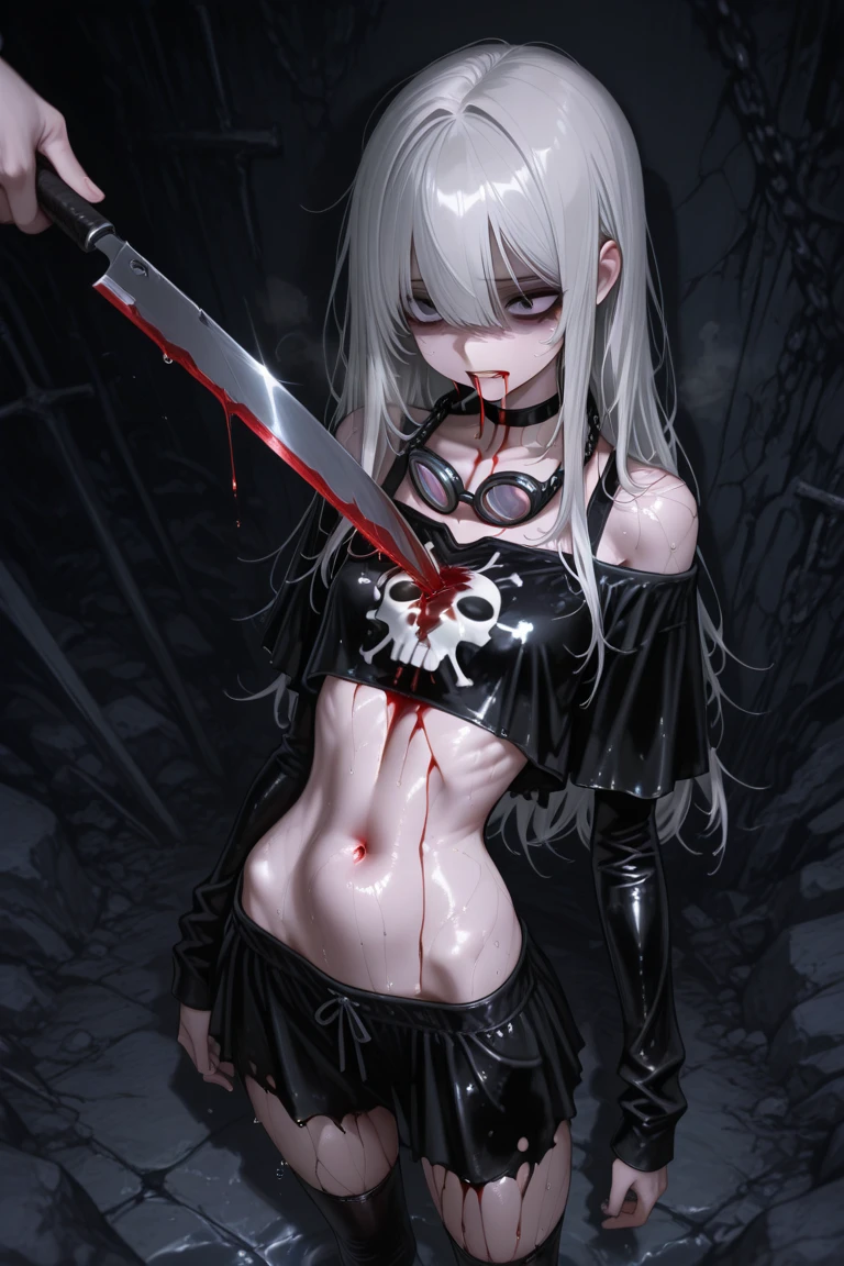 ((Best masterpiece, Perfect quality, Ultra detailed)), A skinny girl, With small bust, With white hair, Is parasitic, Wearing black bra, Wearing black panty, Naked limbs, Injured body, Bloody wounds, Mutated limbs, Parasites, Grotesque, Full body