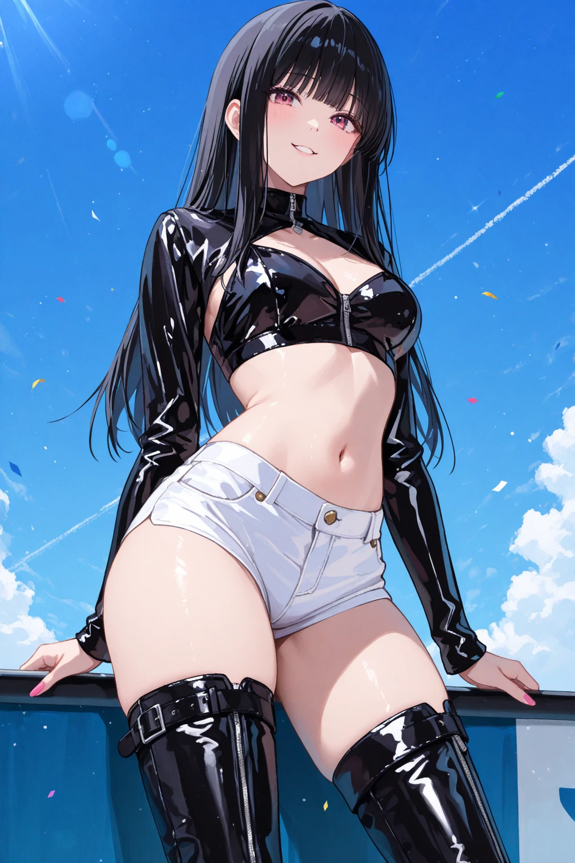 8yo, , solo, long haired, twintail hair, black hair, flat chest, (micro bikini), black long boots, leather jacket, (loli body ),, meny pierced earrings, navel piercing, thin legs, standing, exhibition, city , flom above, best quality,