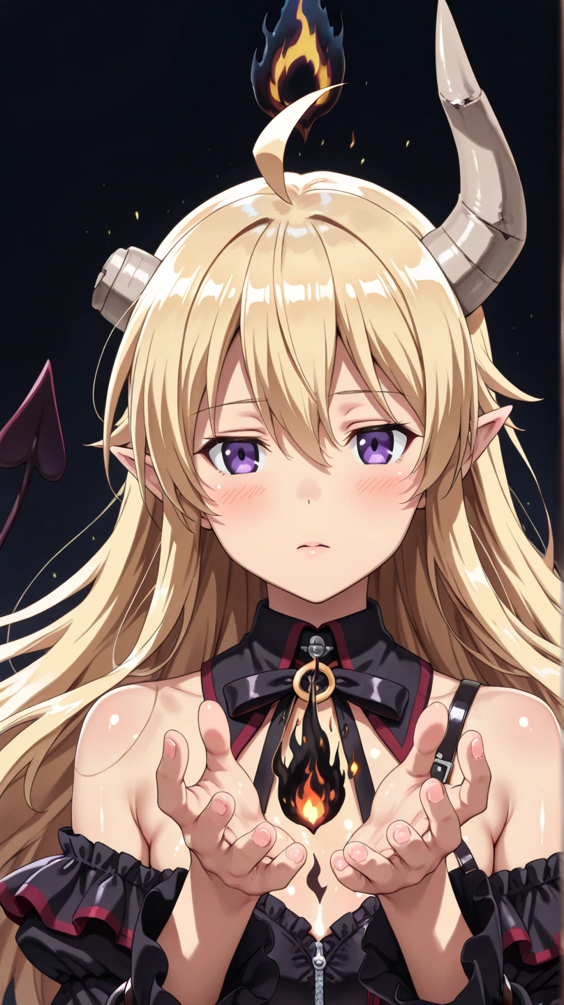 tmasterpiece， (Sharp teeth:1.1),（Ultra detailed backgrounds， delicate patterns， Complicated details， highly  detailed， finely detailled）， Best quality at best， strength， 1girll， banya， solo， teeth， Mischievous，A mischievous smile，dentes pontiagudos，  cross-shaped pupils， long whitr hair， Yellow eyes， （（blond hairbl， little breast））， Red horn， jaket， （complex detailed background）， （（（cross-shaped pupils， pupils in symbol shapes）））