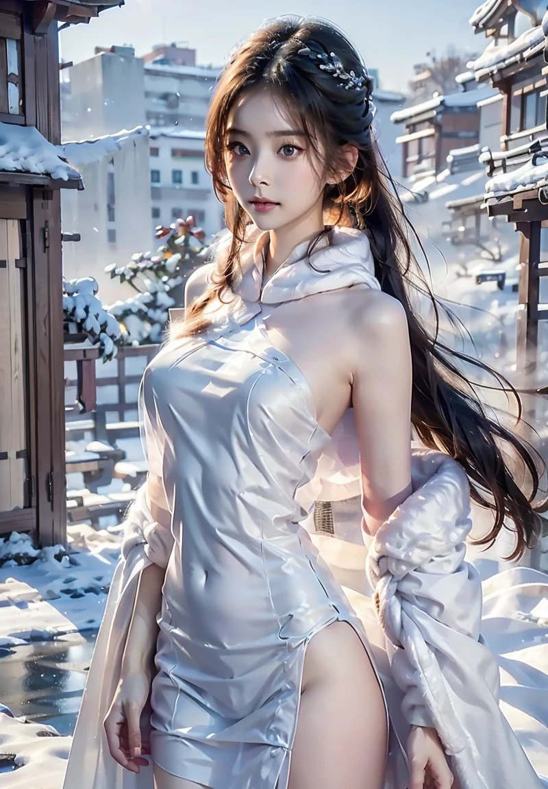 perfect figure beautiful girl:1.4, 17years old, smile, cleavage, huge breast Layered Hair Style, (Cleric:1.5), Jewelry Decoration, veil, Highly Detailed Face and Skin Textur, double-edged eyelid, Whiten the skin, long hair, (background snow plains), diamond dust,