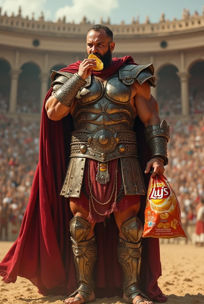 A Roman gladiator in full armor carrying shopping bags outside a suburban neighborhood grocery store