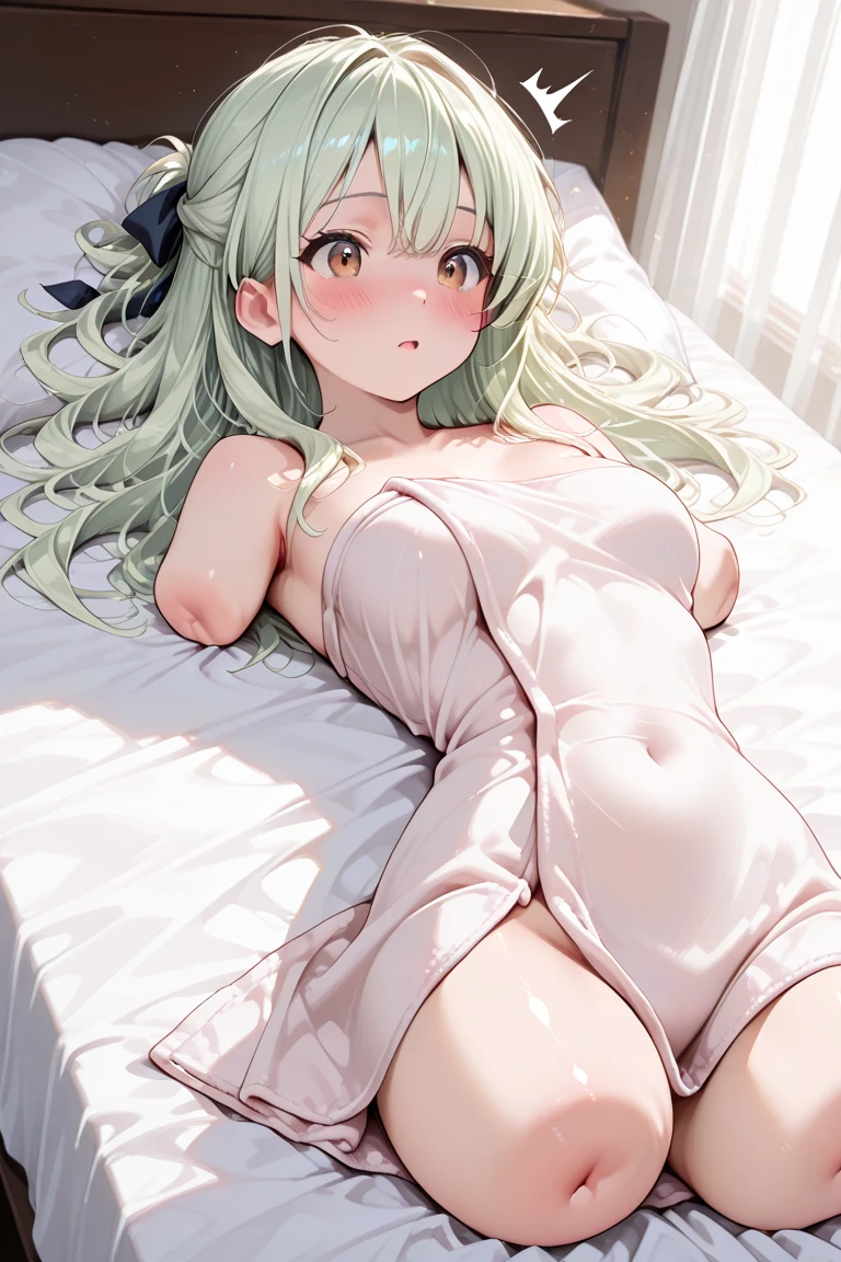 Cabello largo plateado, ojos verdes, headband, sweater, small breast, sonrisa, happy, abdomen lindo, muslos hermosos, bedroom
