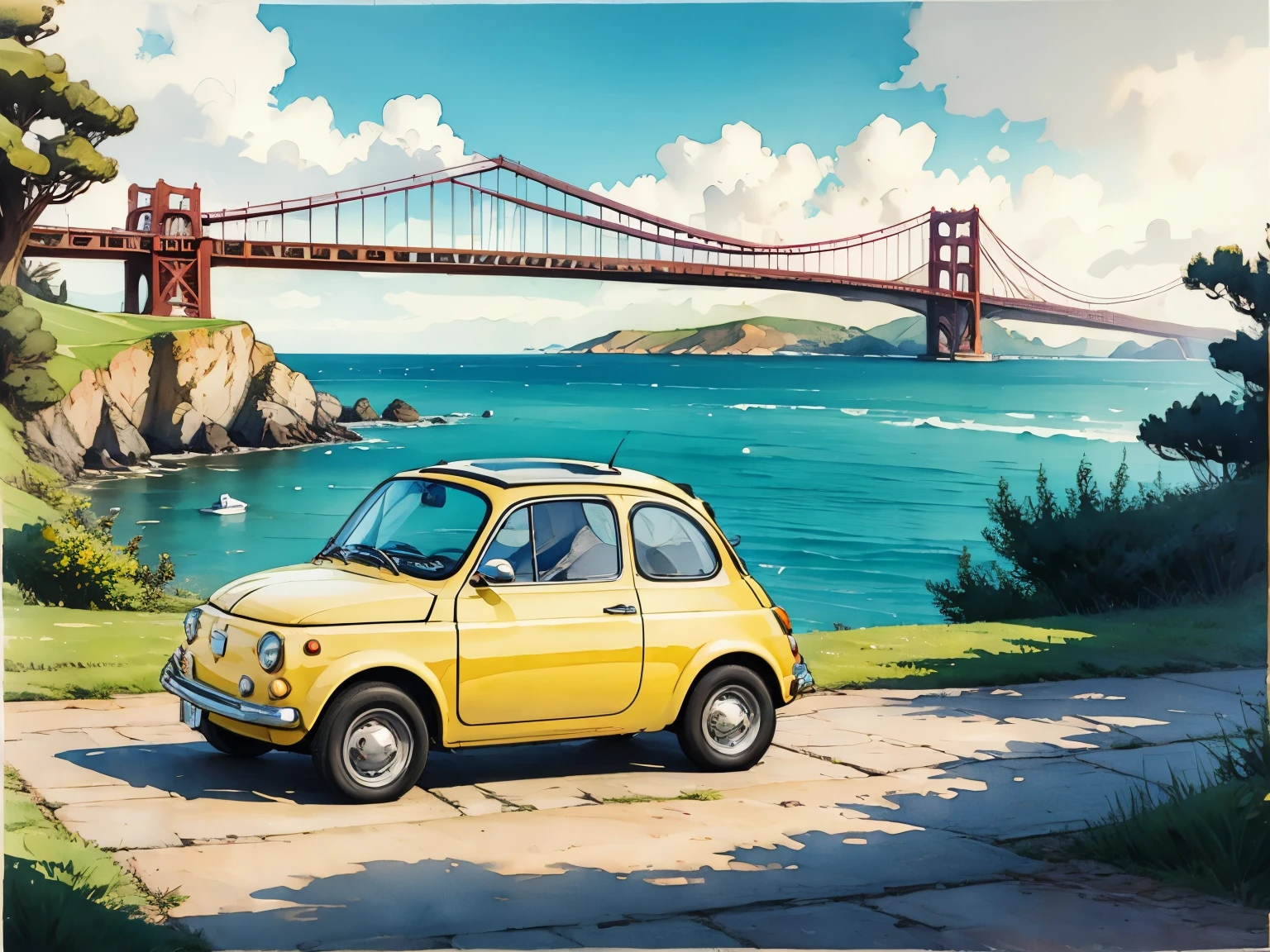 (masterpiece:1.2, Highest Quality),(very well detailed),(watercolor),8k,details,Thinning,Yellow FIAT500,Blue sky and Golden Gate Bridge