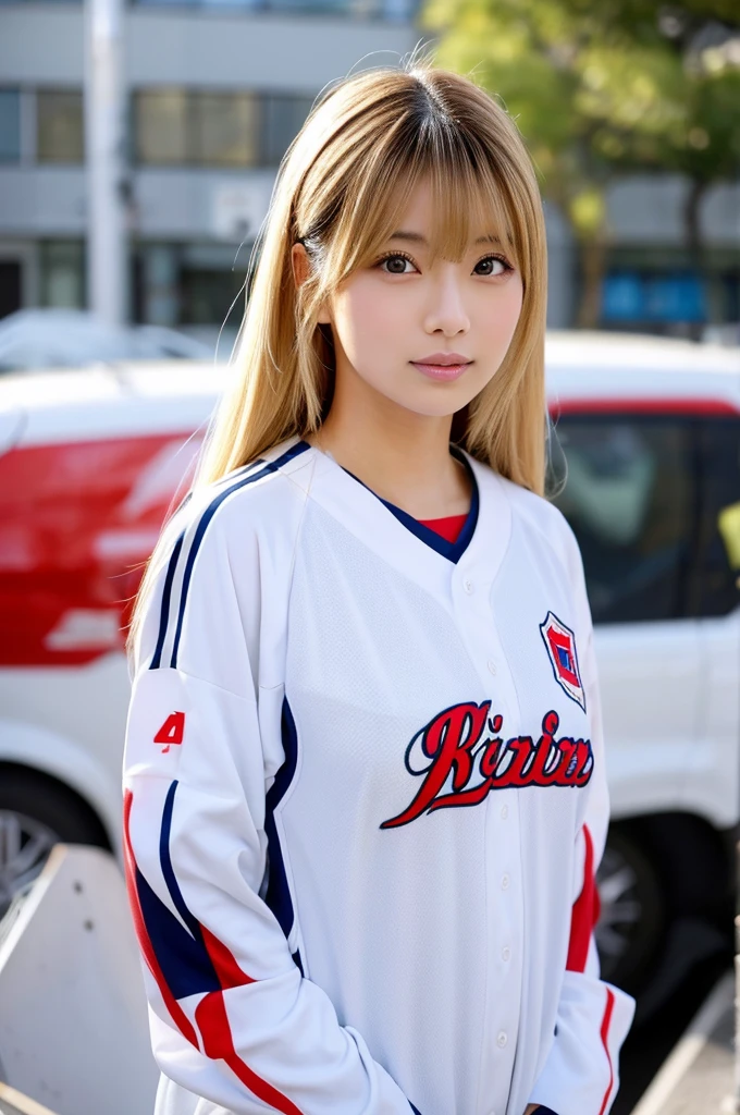 busty japanese lady、whole body、front、The most beautiful woman in Japan、Sports Jerseys、Bright eyes with sharp details(Looking into the camera)Blonde、