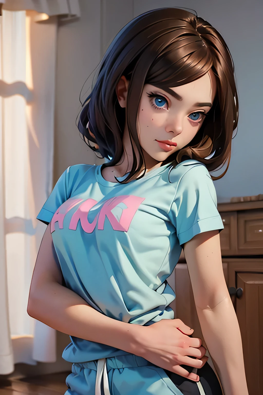 tall woman with a toned and athletic build; straight dark brown hair worn loose; green eyes; fair skin with a light scattering of freckles across the nose and cheeks; defined cheekbones and a straight nose; somewhat huge breasts; girl-next-door look; soft and cute features); in a dimly lit lounge room at night on the couch; best quality; trending on artstation; dark room with complex volumetric lighting; strong shadows; artistic lighting; dynamic; energetic vibe; realistic skin; specular highlights; micro-textures; highly detailed hair; wearing an oversized masculine graphic t-shirt, no panties; incandescent lighting; heavy blush.