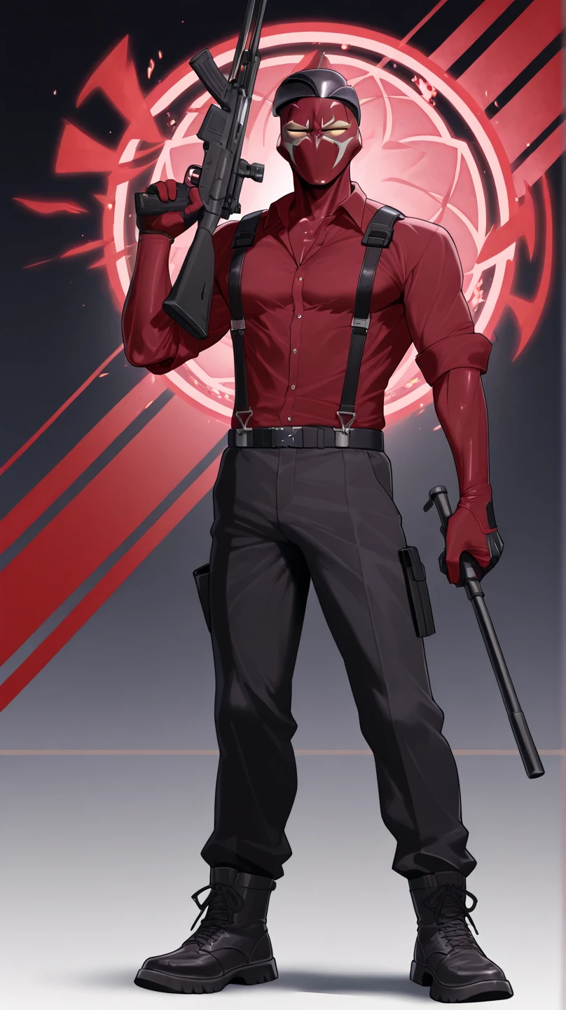 Full Body、、1 male、 wrinkles between eyebrows、rifles、carrying a tactical baton、 eight-headed body、long legged、dark red shirt、suspenders、Battle depiction、full body shot,Silhouette of Homura Akemi holding a gun、looks at the viewer、black perforated gloves,mask 