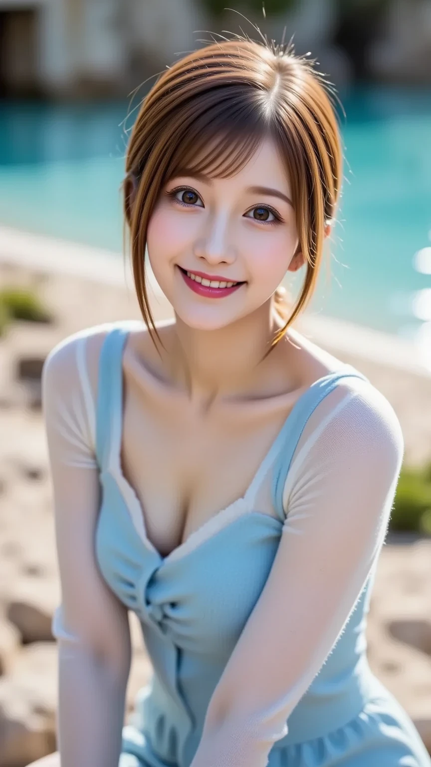 (Ultra-high quality, DSLR shot, 8k, highest quality, high resolution, best quality, highest resolution, very beautiful woman, perfect anatomy), bright brown eyes, very bright brown eyes, small diamond-shaped earrings, looking directly at the camera, beautiful brown hair, ((baby face, loose and cute medium ponytail)), very short and beautiful bangs on brown hair, E-cup bust, modest neckline, beautiful 20-year-old, lip gloss, smiling very happily, very cute smile, upper teeth, beautiful teeth, (random beautiful summer sea or pool horizon (background only)), slightly larger eyes, small face, tall supermodel, beautifully shaped model, random cute pose, dynamic angle, eye focus, head tilt, very detailed and realistic, very beautiful 20-year-old, ((medium shot)), sharp jawline, off-shoulder top outfit, deep waistline, sexy legs, side view, smiling very joyfully, laughing, summer noon.