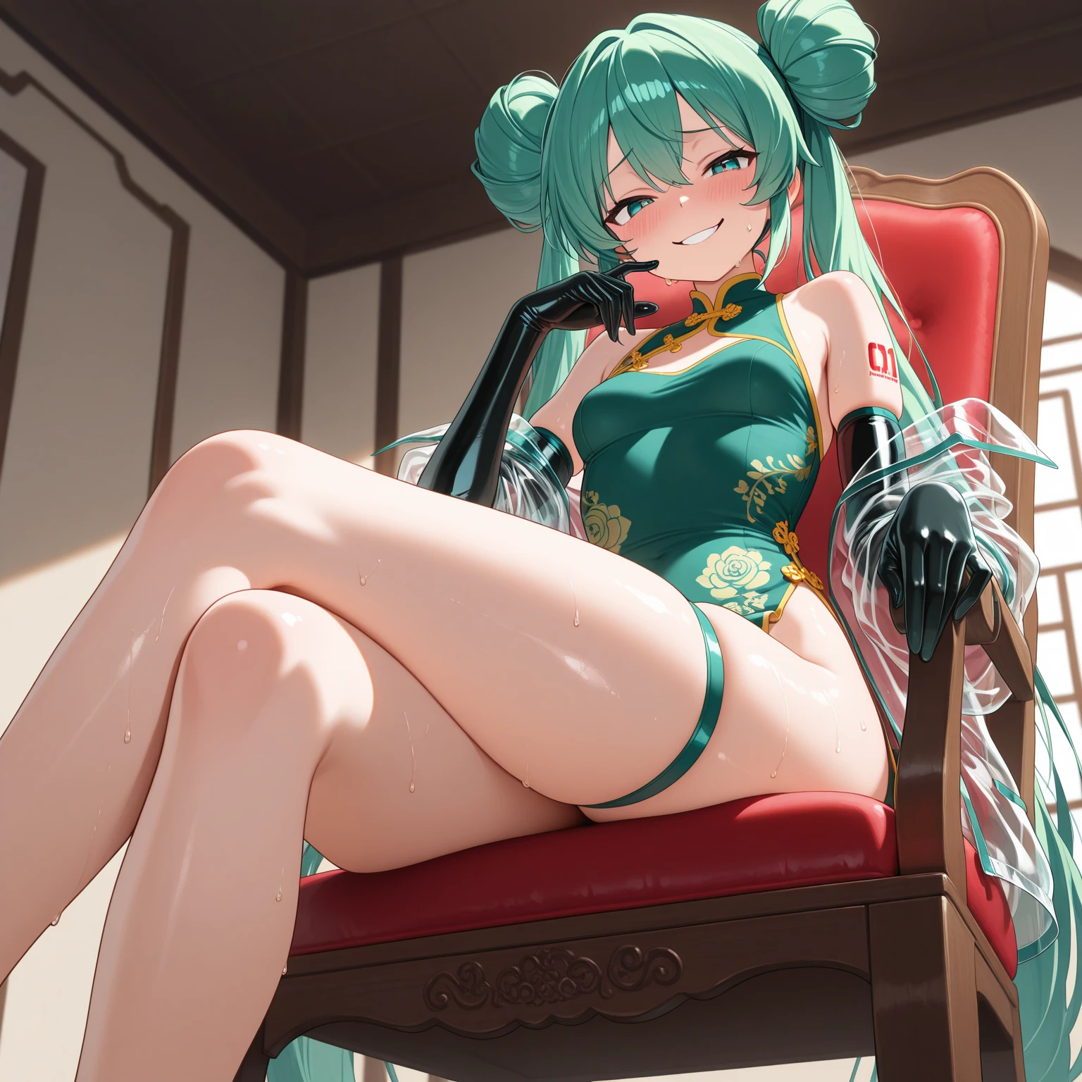 , astride, white panties, serious expression,wearing a green China dress, Inside the Chinese house, heels, Beautiful eyes, perfect face, full body, masterpiece
