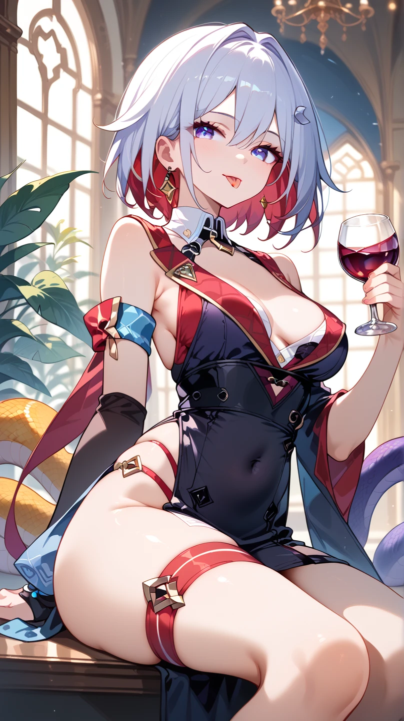 Ganyu, genshin impact, 1girl, alcohol, alternate costume, armlet, bare shoulders, ((black background)), ((black dress)), black gloves, black thighhighs, breasts, cleavage, criss-cross halter, cup, dress, drinking glass, flower, gloves, gradient background, hair between eyes, horn, halterneck, holding, holding cup, medium breasts, long hair, looking at viewer, blue hair, see-through gloves, solo, thighhighs, thighs, very long hair, wine, wine glass, ((masterpiece)) blue pelated skirt, sitting,
