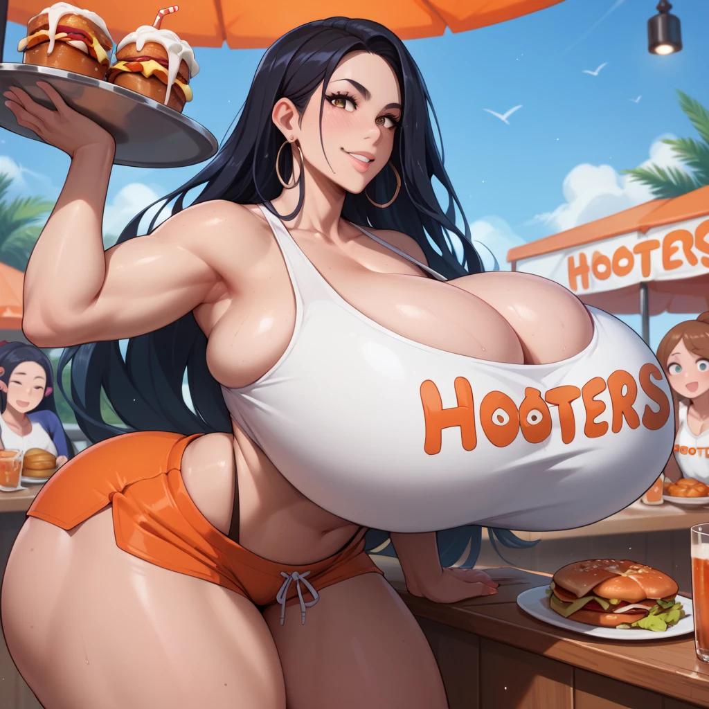huge breasts, huge ass, big thighs, small waist, white hair, luscious messy hair, tall(adult), perky nipples, blushing, eating hotdog, bikini top, skinny jeans