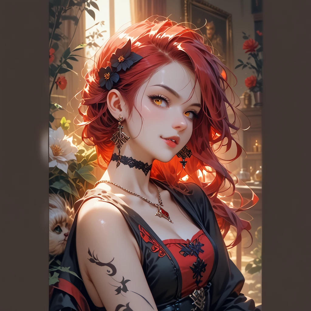 Lady,Red hair,dress,beautiful,anime,tattoo
