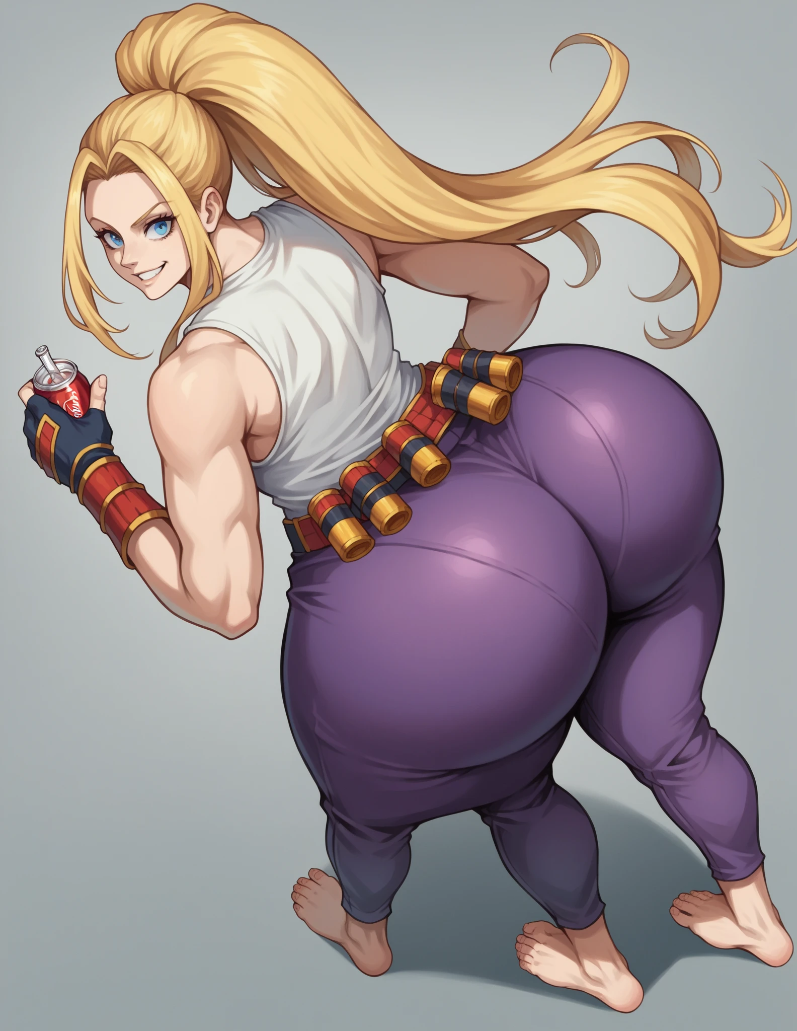 (masterpiece), best quality, female warrior, dark fantasy, huge girl, female muscular:1.2, ginger hair, (curvy:1.6), ((thick thighs:1.3)), (((blank background))), ((full body)), fingerless gloves, long bootss, sleeveless, (straight  hair), (fur top) , strapless top, (spread legs), standing, (from behind) , (long legs:1.5), ((legs apart))